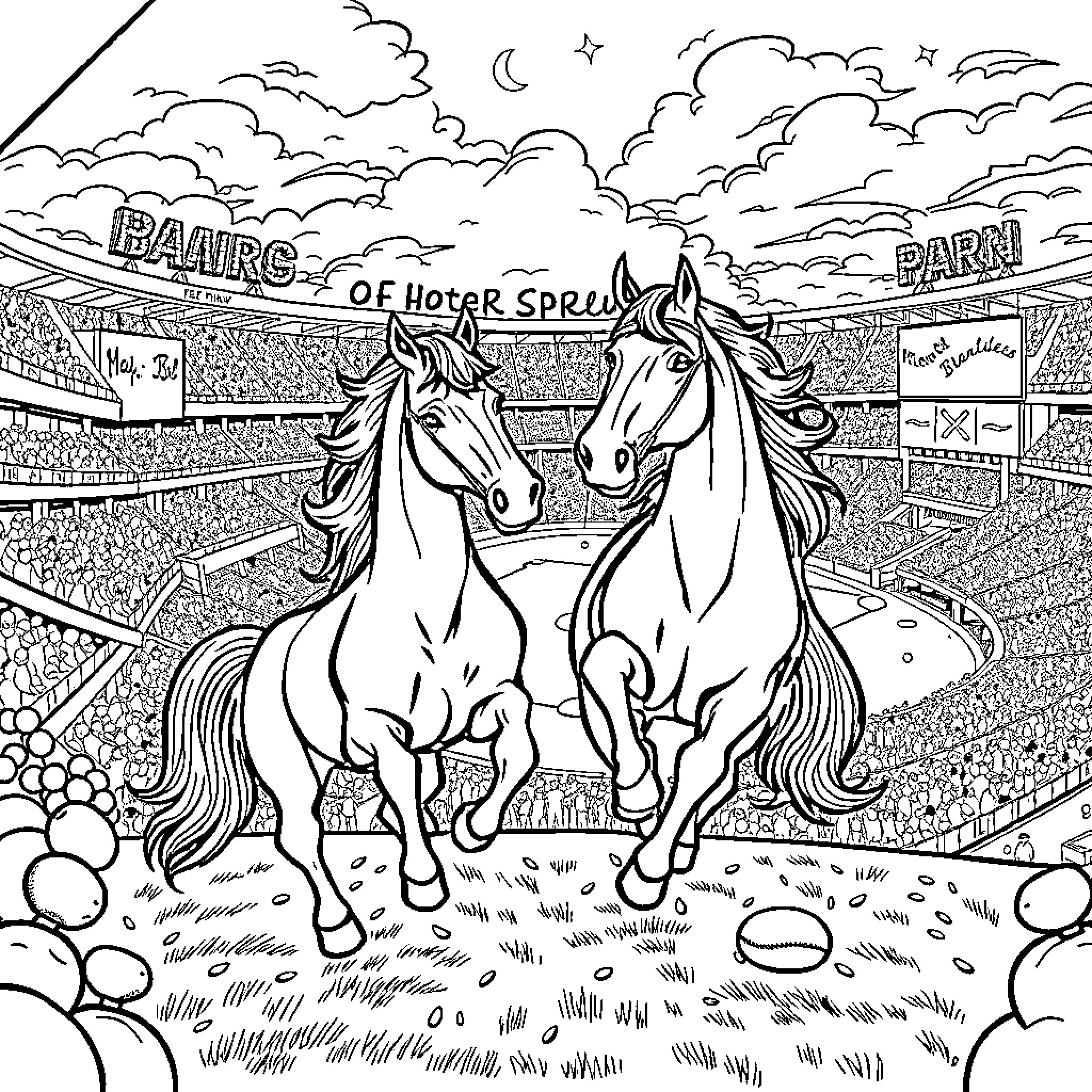 Horse Racing in a Festive Stadium Coloring Page (free black-and-white line drawing printable PDF for all, from beginners to advanced learners, including children, teens, adults, and seniors)