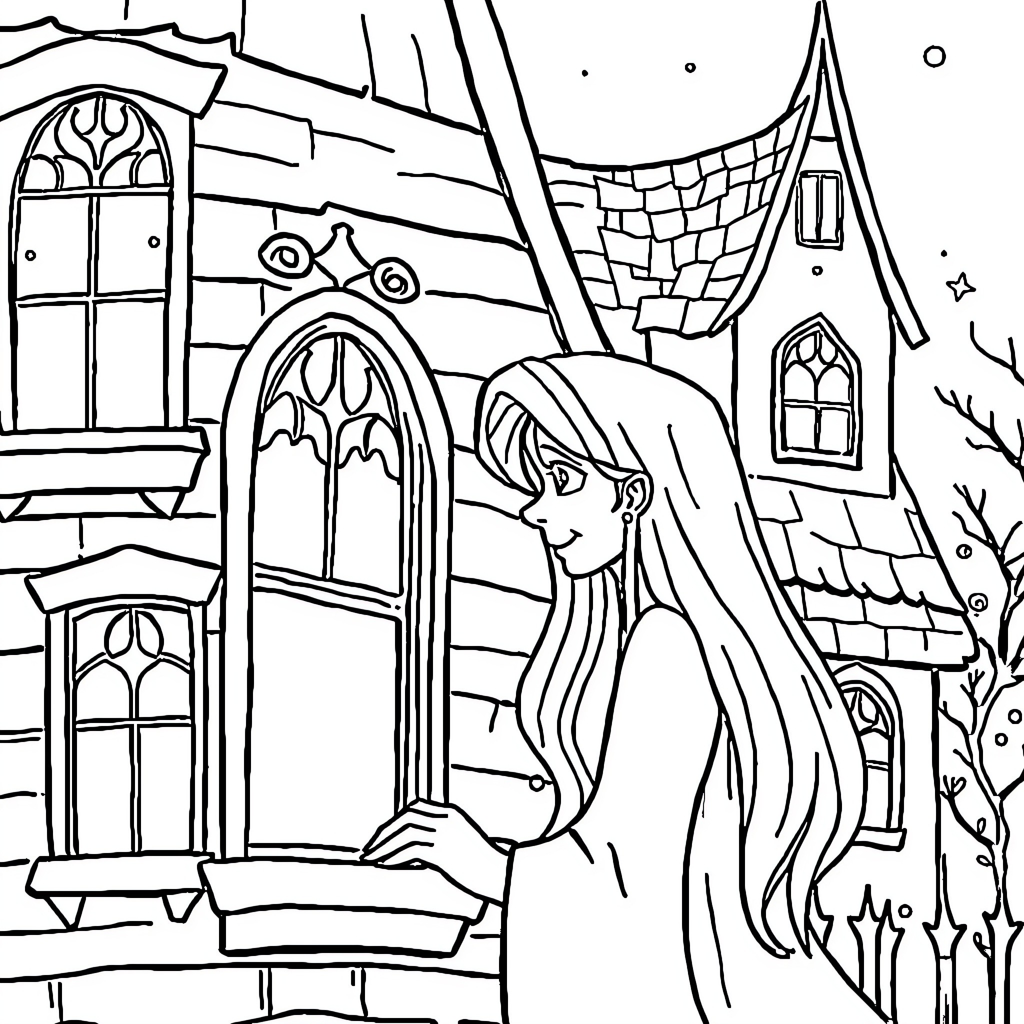 Maison of a Maiden's Enchantment Coloring Page (free black-and-white line drawing printable PDF for all, from beginners to advanced learners, including children, teens, adults, and seniors)
