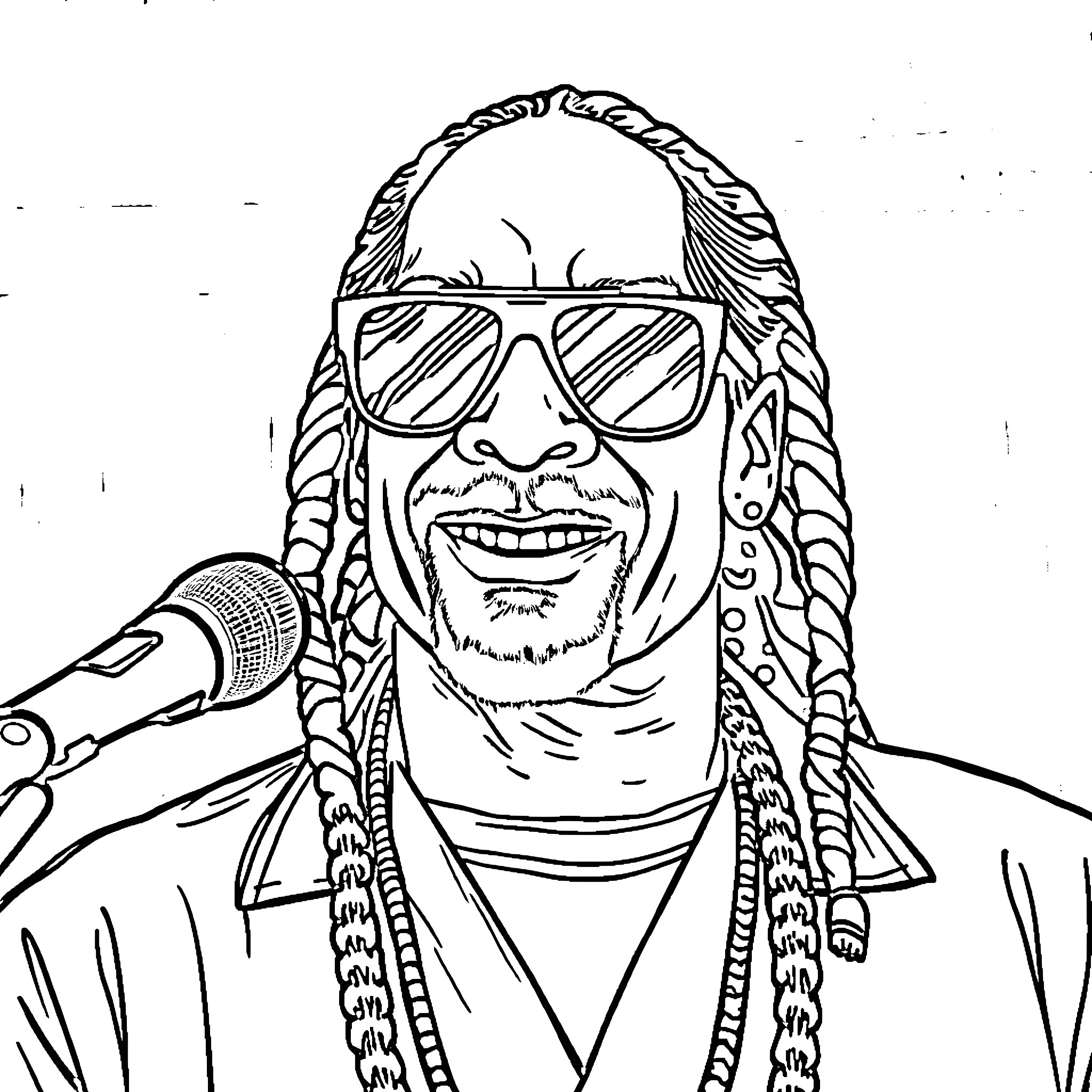 Snoop Dog with braids and sunglasses performing on stage Coloring Page (free black-and-white line drawing printable PDF for all, from beginners to advanced learners, including children, teens, adults, and seniors)