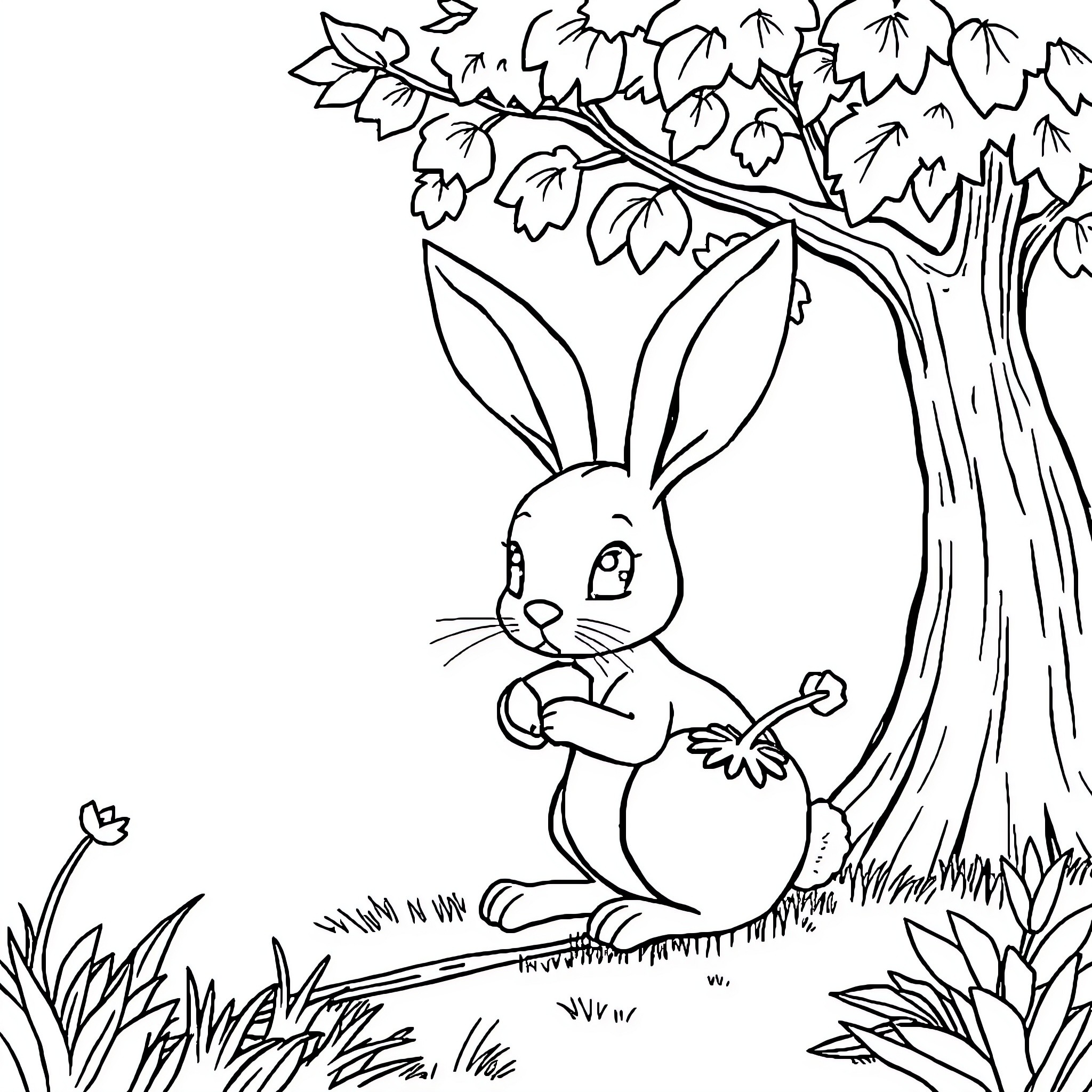 Lapin exploring the lush forest Coloring Page (free black-and-white line drawing printable PDF for all, from beginners to advanced learners, including children, teens, adults, and seniors)