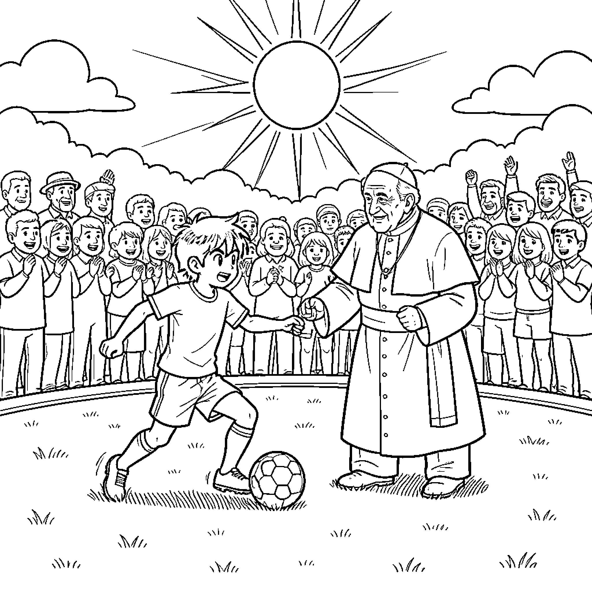 Zidane playing soccer with a crowd of cheering people Coloring Page (free black-and-white line drawing printable PDF for all, from beginners to advanced learners, including children, teens, adults, and seniors)