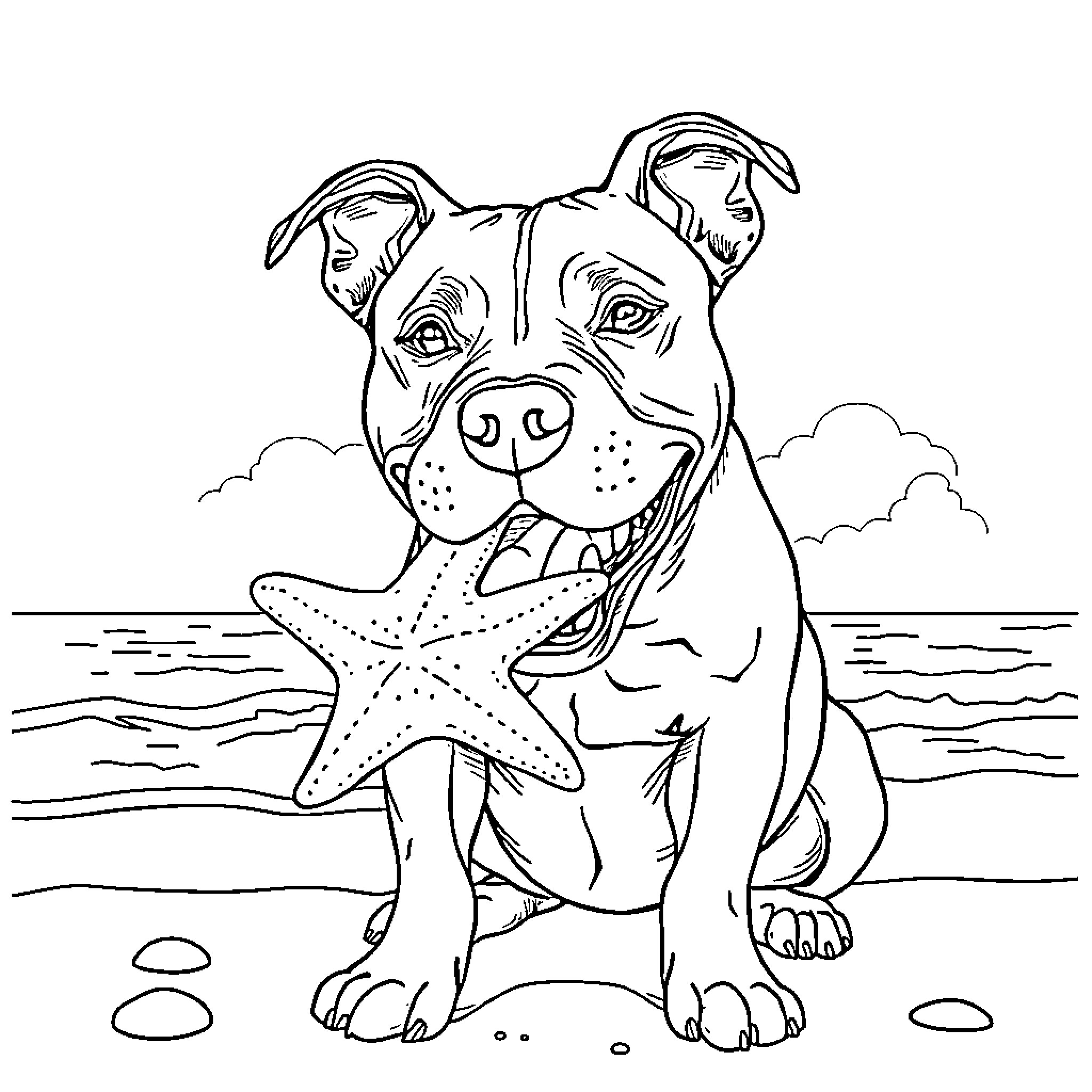 Pitbull playing with starfish by the seaside Coloring Page (free black-and-white line drawing printable PDF for all, from beginners to advanced learners, including children, teens, adults, and seniors)