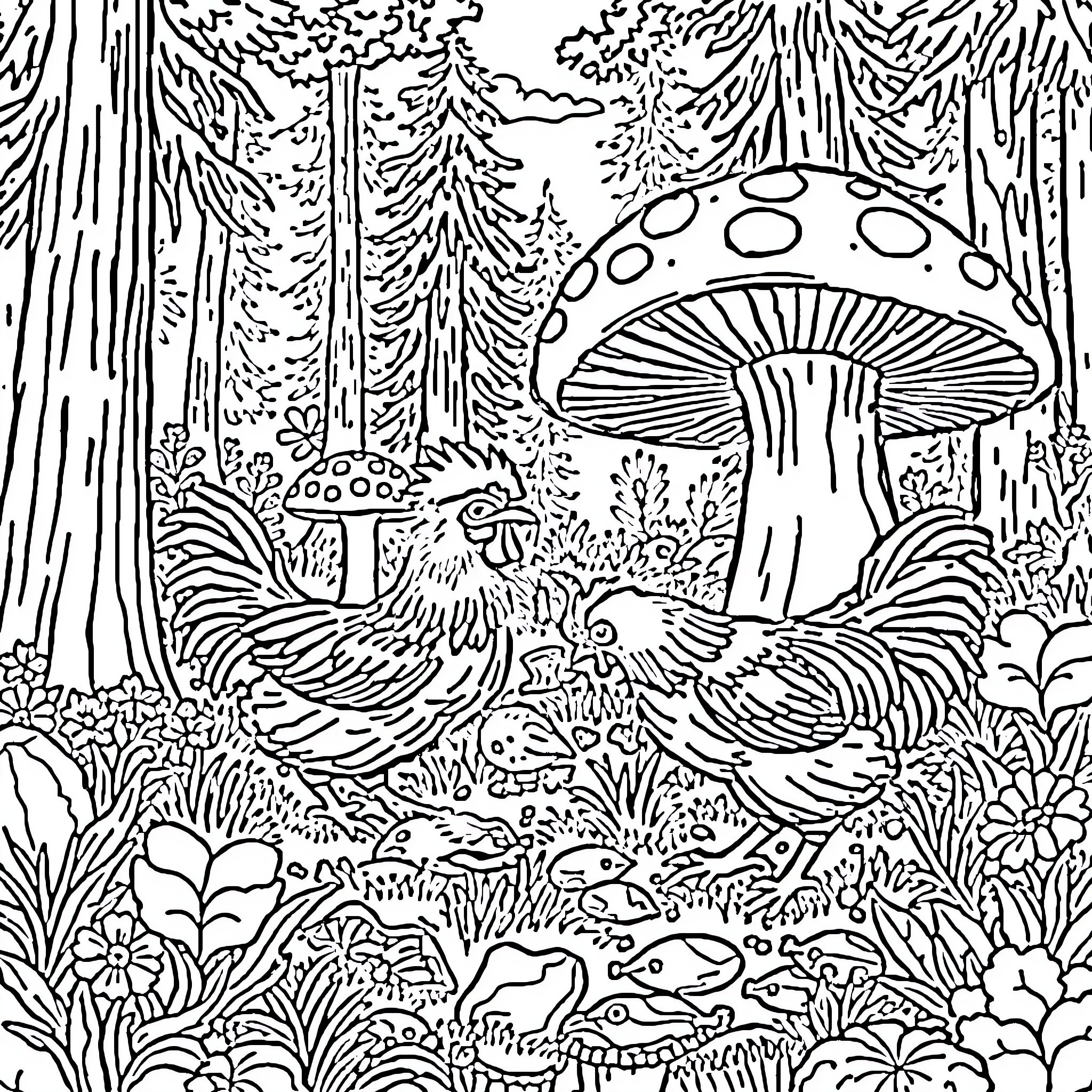Chicken roaming through a whimsical mushroom forest Coloring Page (free black-and-white line drawing printable PDF for all, from beginners to advanced learners, including children, teens, adults, and seniors)