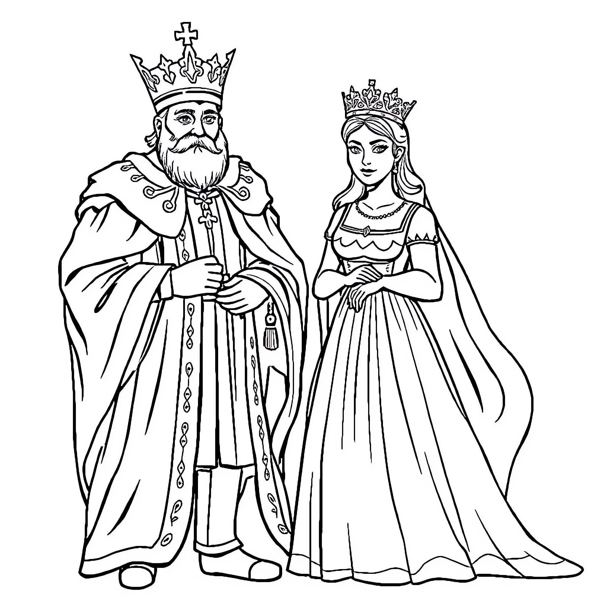 King and Queen in Regal Attire Coloring Page (free black-and-white line drawing printable PDF for all, from beginners to advanced learners, including children, teens, adults, and seniors)