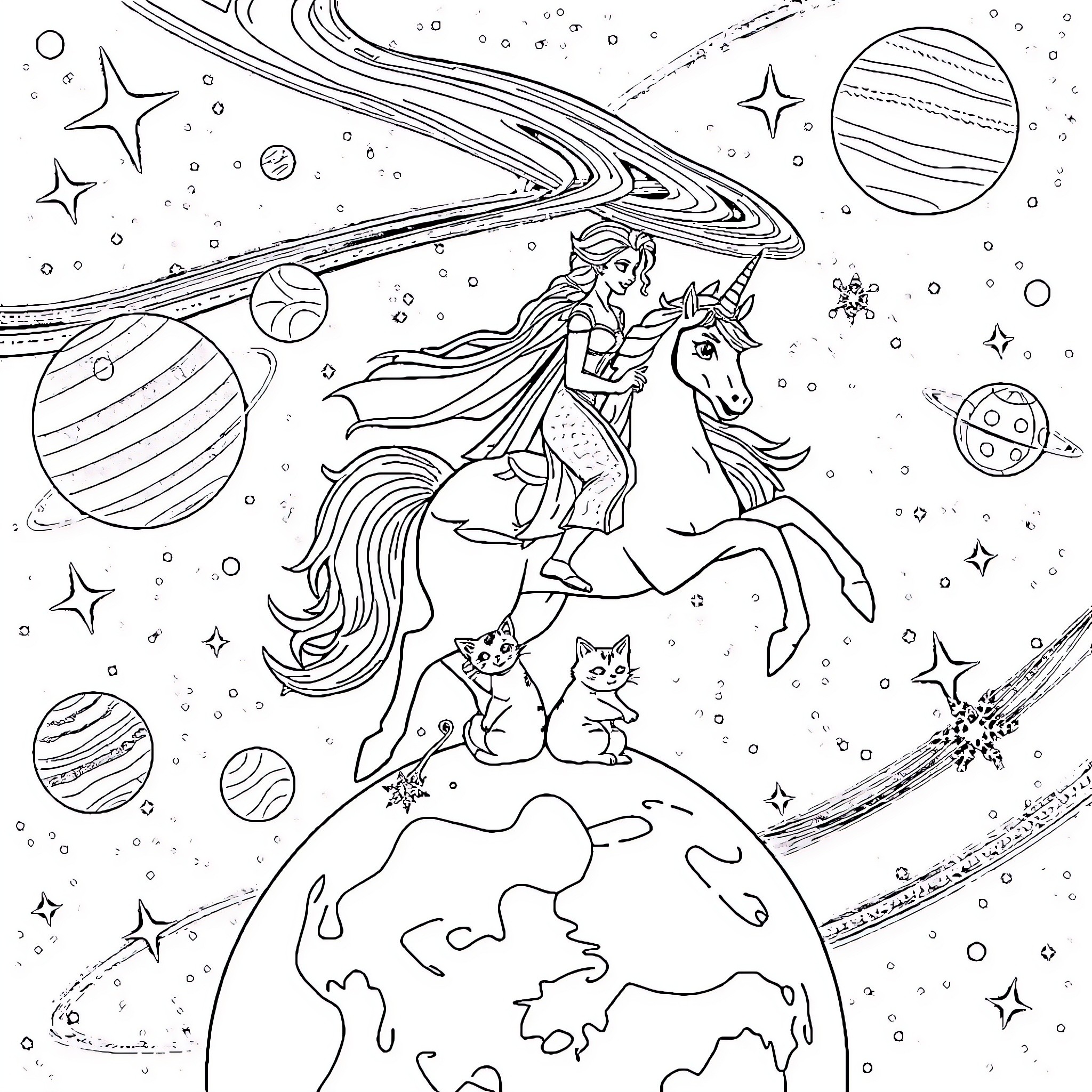 Elsa's Cosmic Adventure on a Magical Unicorn Coloring Page (free black-and-white line drawing printable PDF for all, from beginners to advanced learners, including children, teens, adults, and seniors)