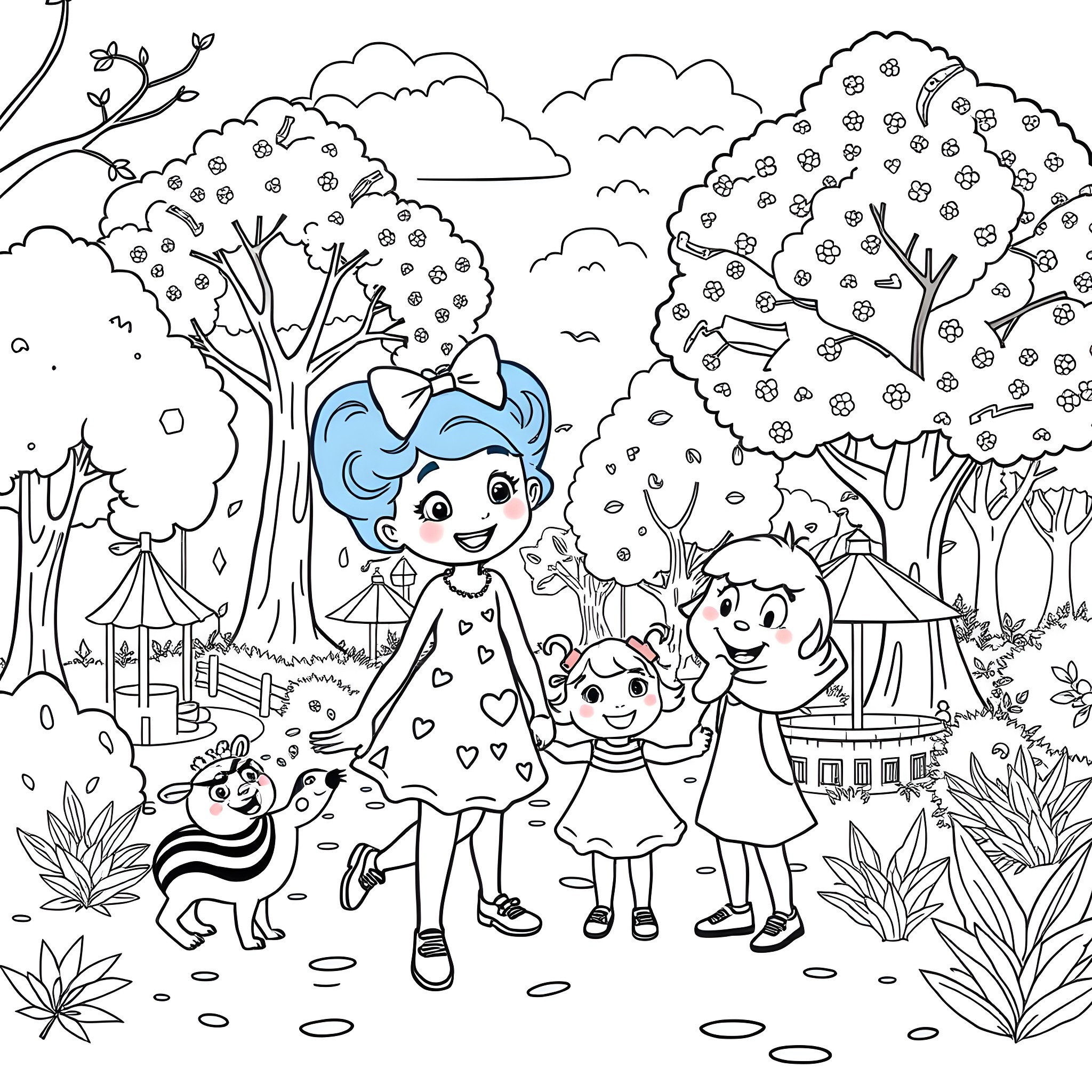 Blueyandesla's Outdoor Adventure with Friends Coloring Page (free black-and-white line drawing printable PDF for all, from beginners to advanced learners, including children, teens, adults, and seniors)