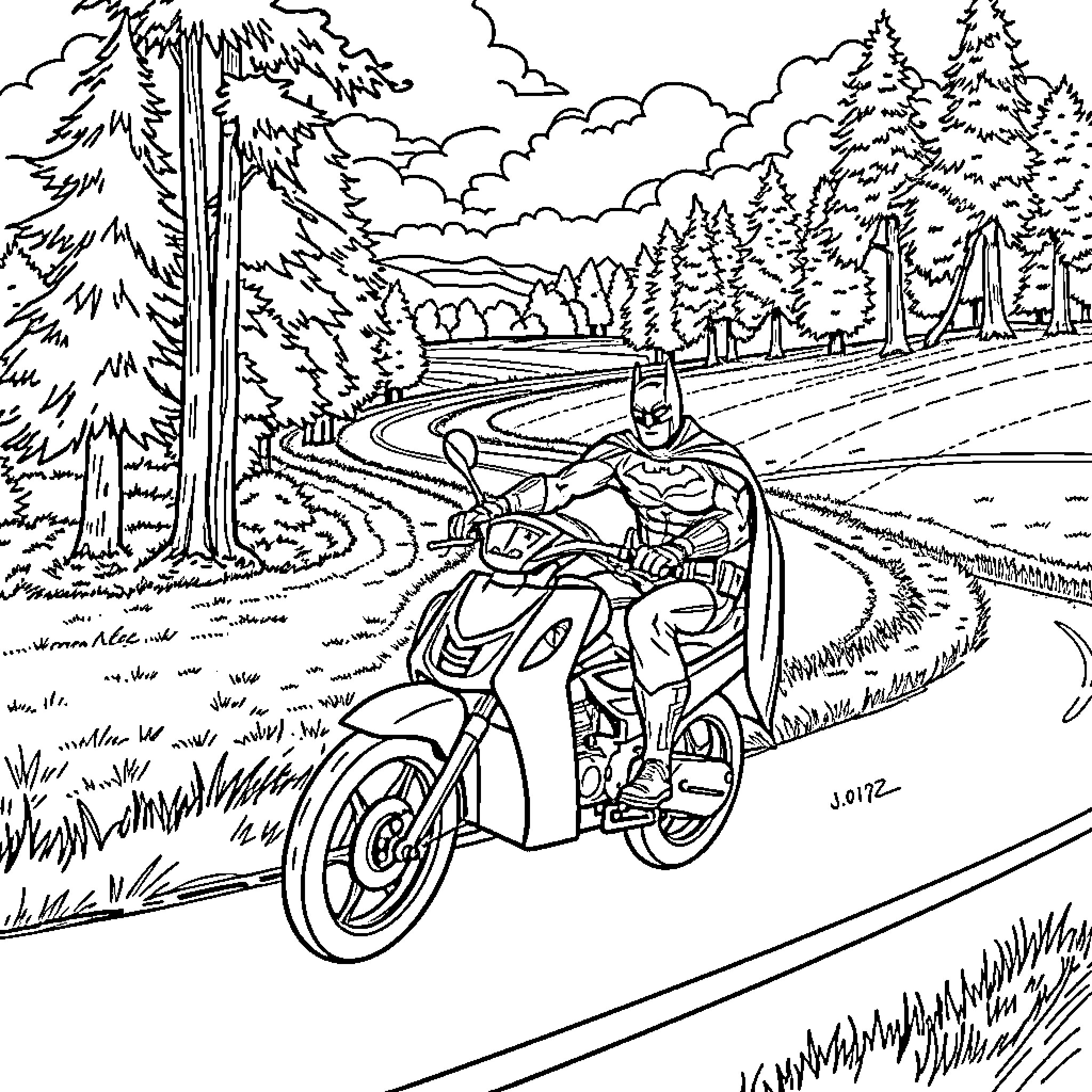Batman riding motorcycle through scenic forest landscape Coloring Page (free black-and-white line drawing printable PDF for all, from beginners to advanced learners, including children, teens, adults, and seniors)