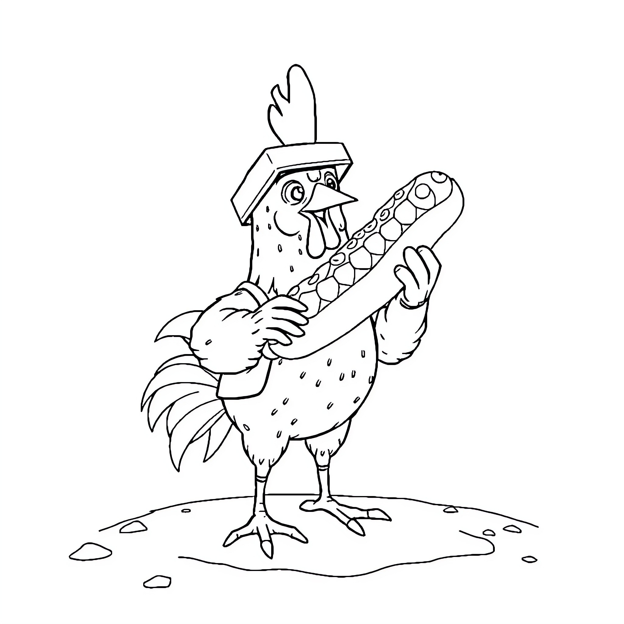 Chicken Jockey Riding on a Crocodile Toy Coloring Page (free black-and-white line drawing printable PDF for all, from beginners to advanced learners, including children, teens, adults, and seniors)