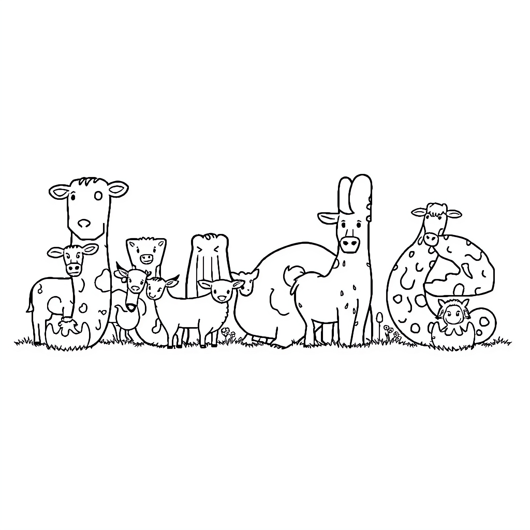 Farm Animals in a Whimsical Scene Coloring Page (free black-and-white line drawing printable PDF for all, from beginners to advanced learners, including children, teens, adults, and seniors)