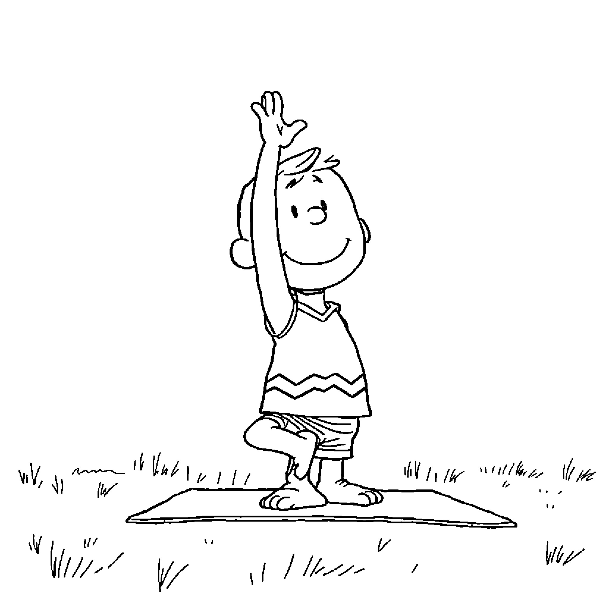 Charlie Brown cheerfully raising his hand Coloring Page (free black-and-white line drawing printable PDF for all, from beginners to advanced learners, including children, teens, adults, and seniors)