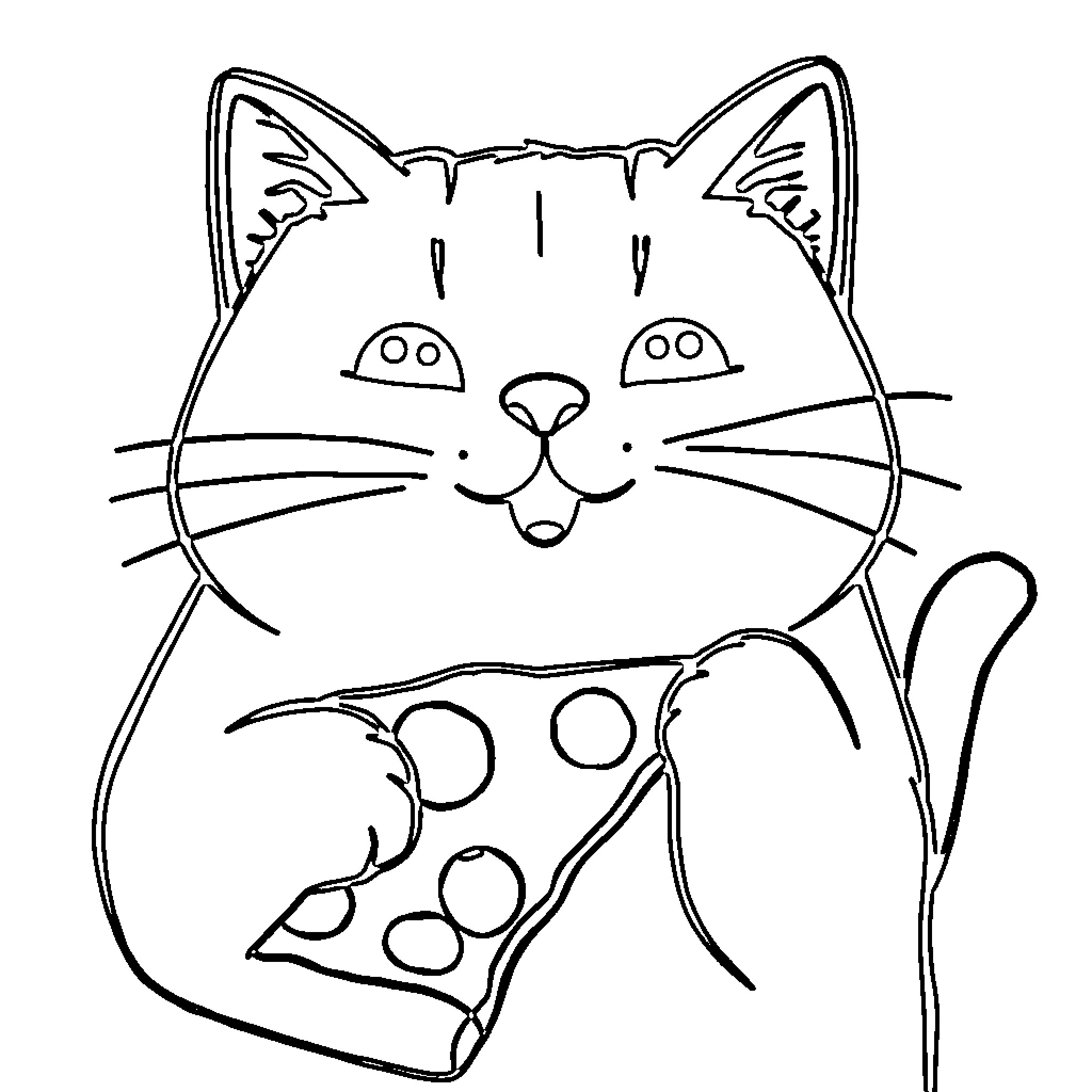 Pusheen enjoying a tasty slice of pizza Coloring Page (free black-and-white line drawing printable PDF for all, from beginners to advanced learners, including children, teens, adults, and seniors)