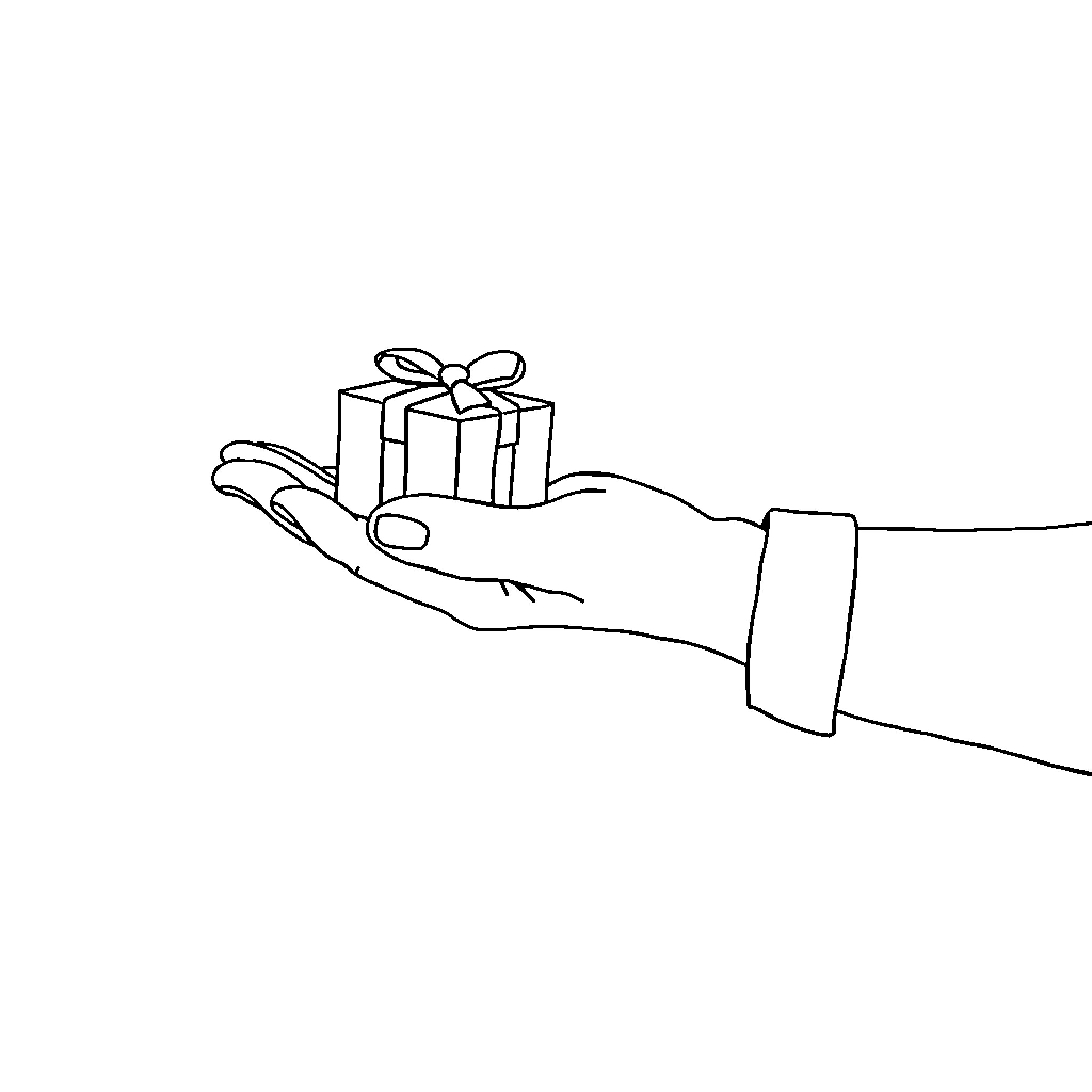 Hand offering a gift in outstretched palm Coloring Page (free black-and-white line drawing printable PDF for all, from beginners to advanced learners, including children, teens, adults, and seniors)