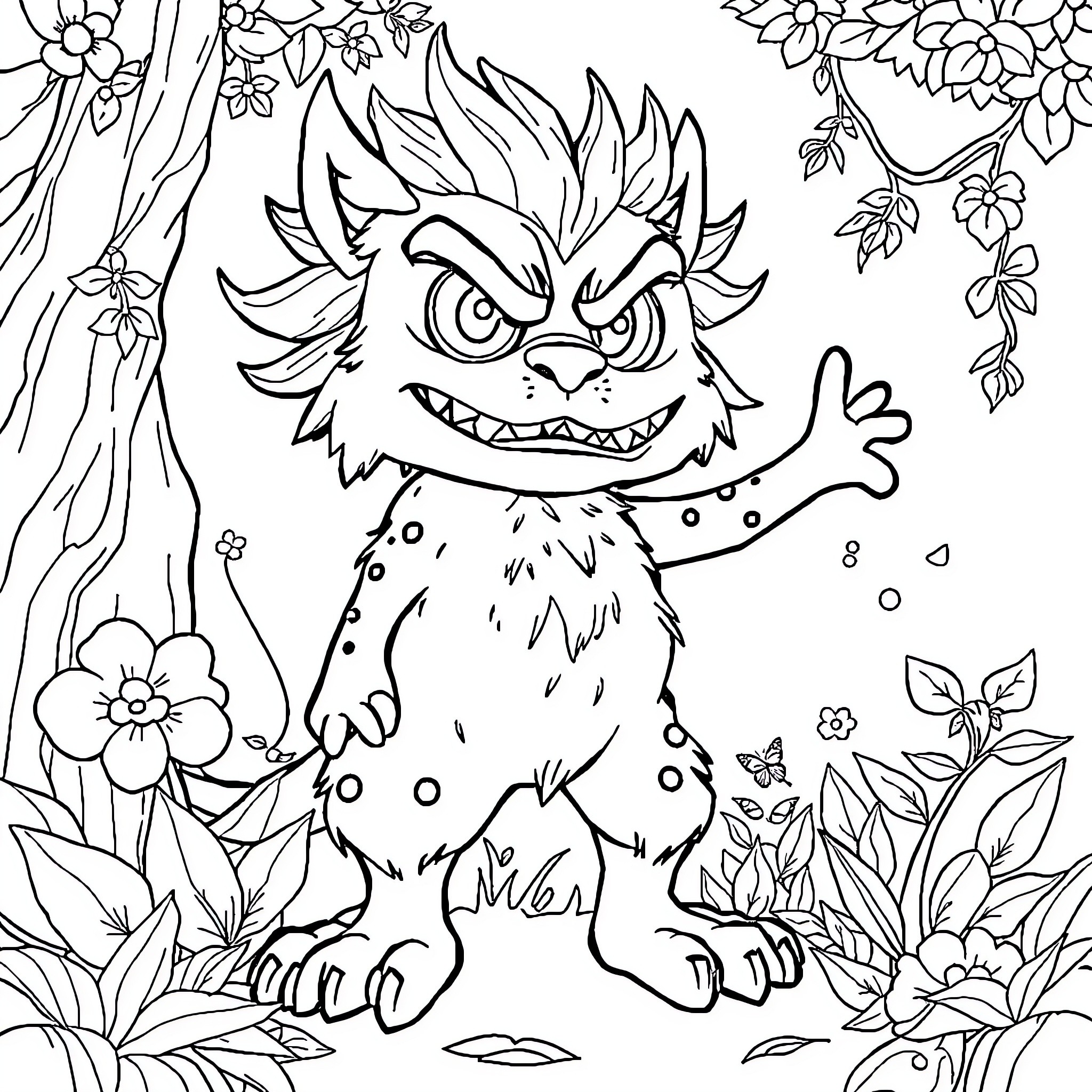 Cartoon Monstrous Creature in Floral Forest Coloring Page (free black-and-white line drawing printable PDF for all, from beginners to advanced learners, including children, teens, adults, and seniors)