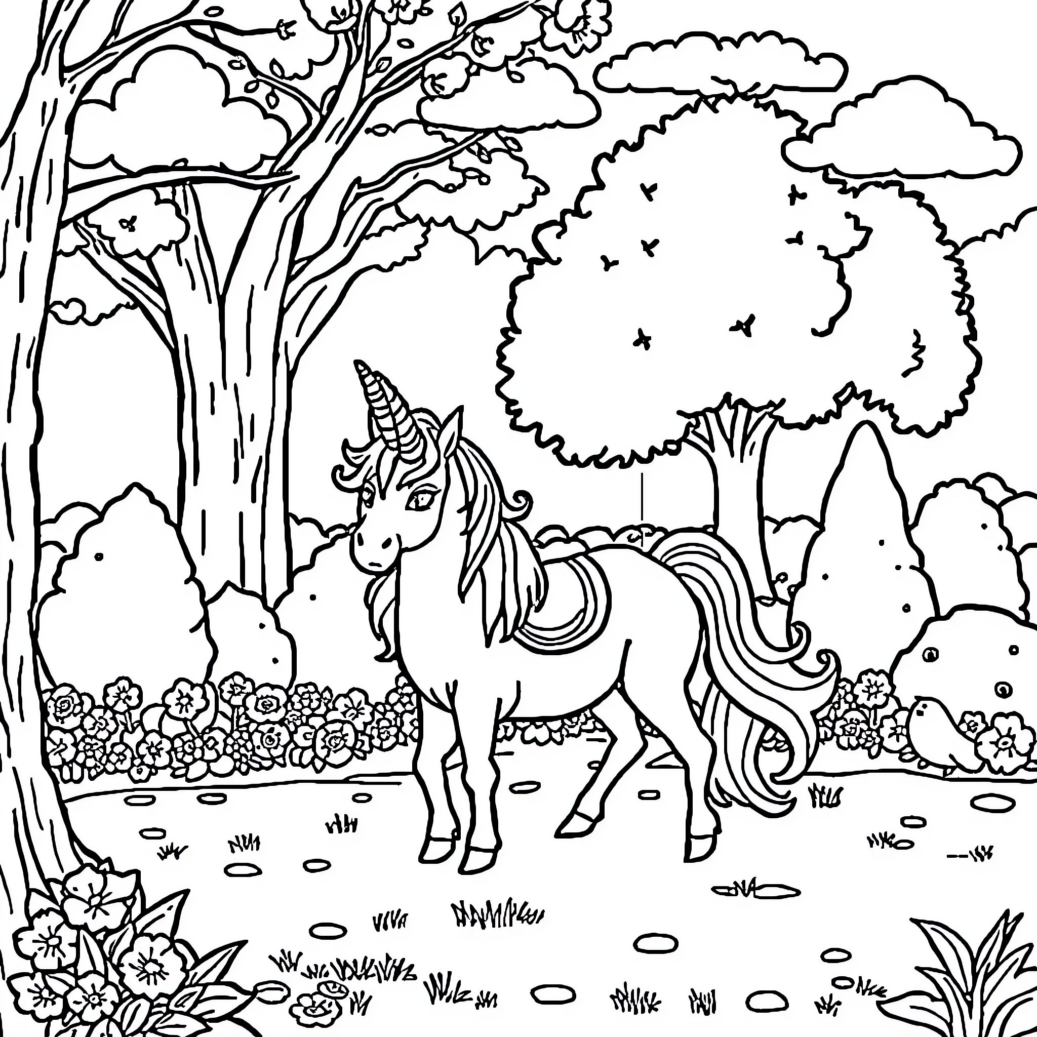 Unicorn exploring the enchanted forest Coloring Page (free black-and-white line drawing printable PDF for all, from beginners to advanced learners, including children, teens, adults, and seniors)