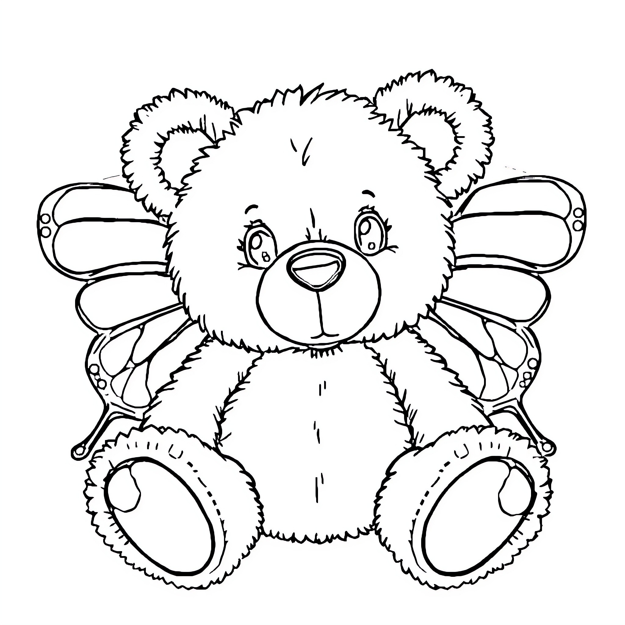 Teddy Bear with Butterfly Wings Coloring Page (free black-and-white line drawing printable PDF for all, from beginners to advanced learners, including children, teens, adults, and seniors)