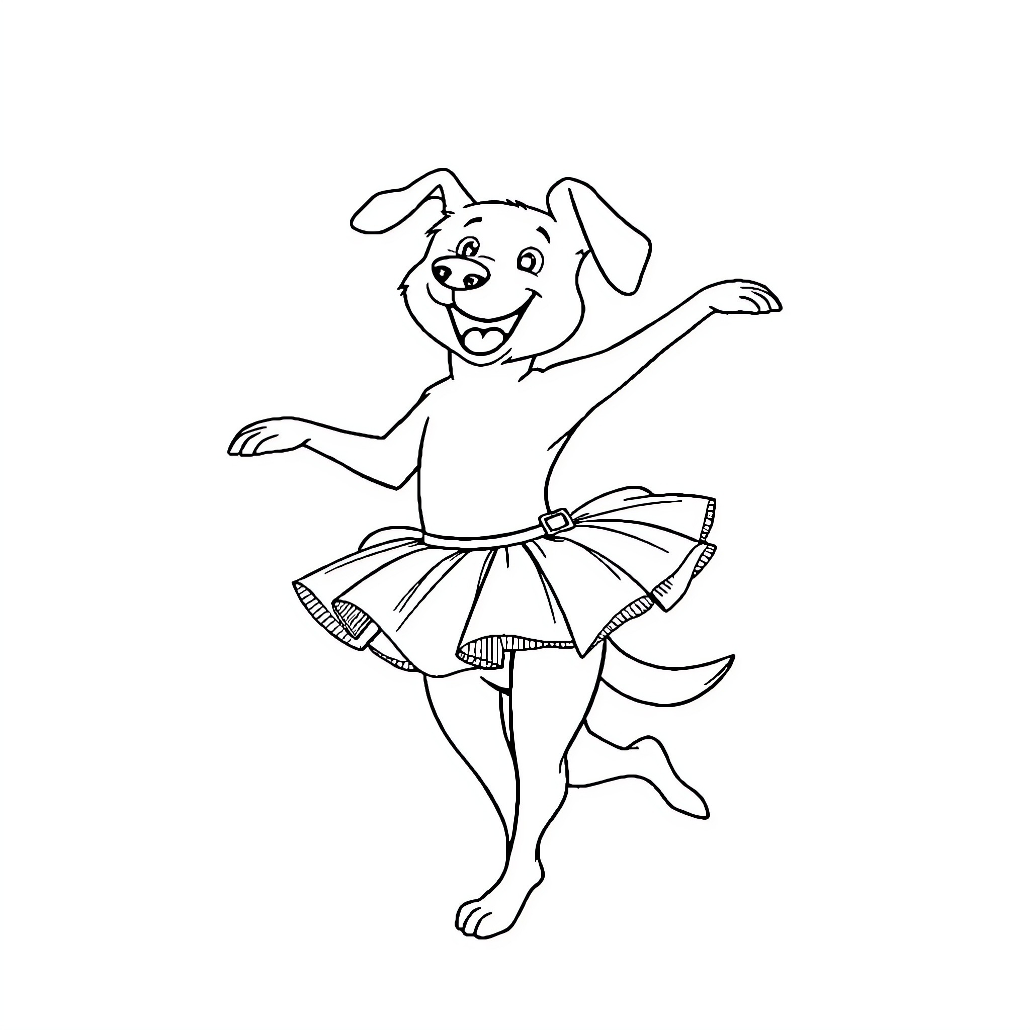Dog dancing happily in tutu Coloring Page (free black-and-white line drawing printable PDF for all, from beginners to advanced learners, including children, teens, adults, and seniors)