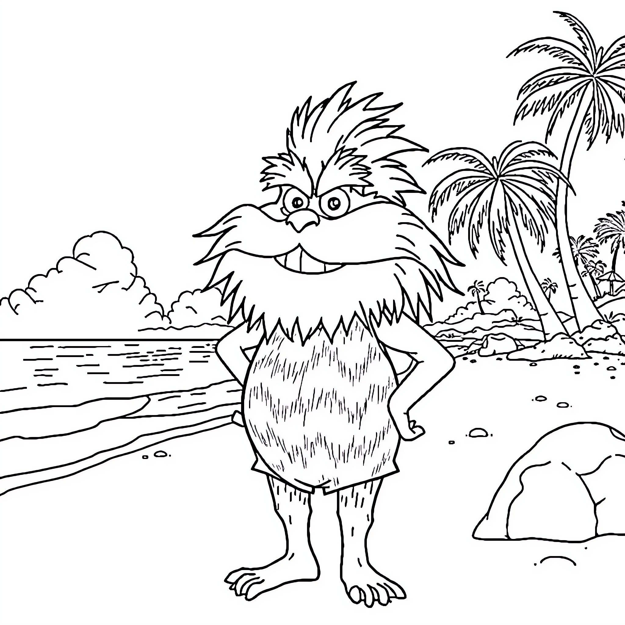 Lorax character standing by the beach Coloring Page (free black-and-white line drawing printable PDF for all, from beginners to advanced learners, including children, teens, adults, and seniors)