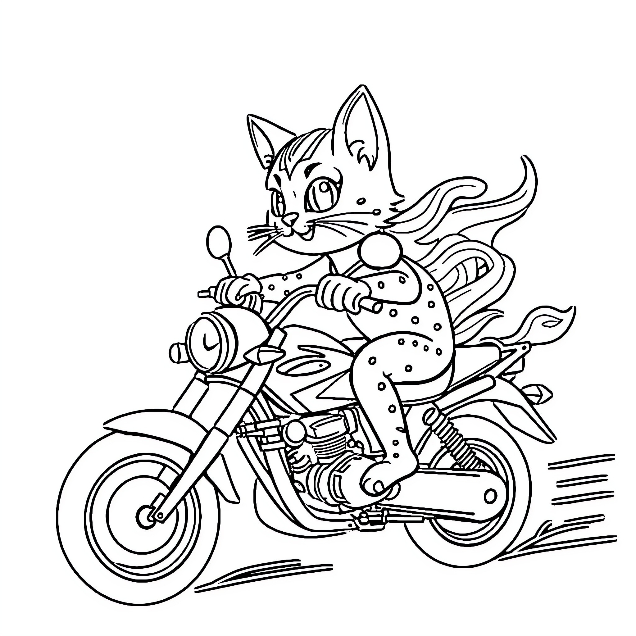 Unicorn Cat riding a motorcycle with flair Coloring Page (free black-and-white line drawing printable PDF for all, from beginners to advanced learners, including children, teens, adults, and seniors)