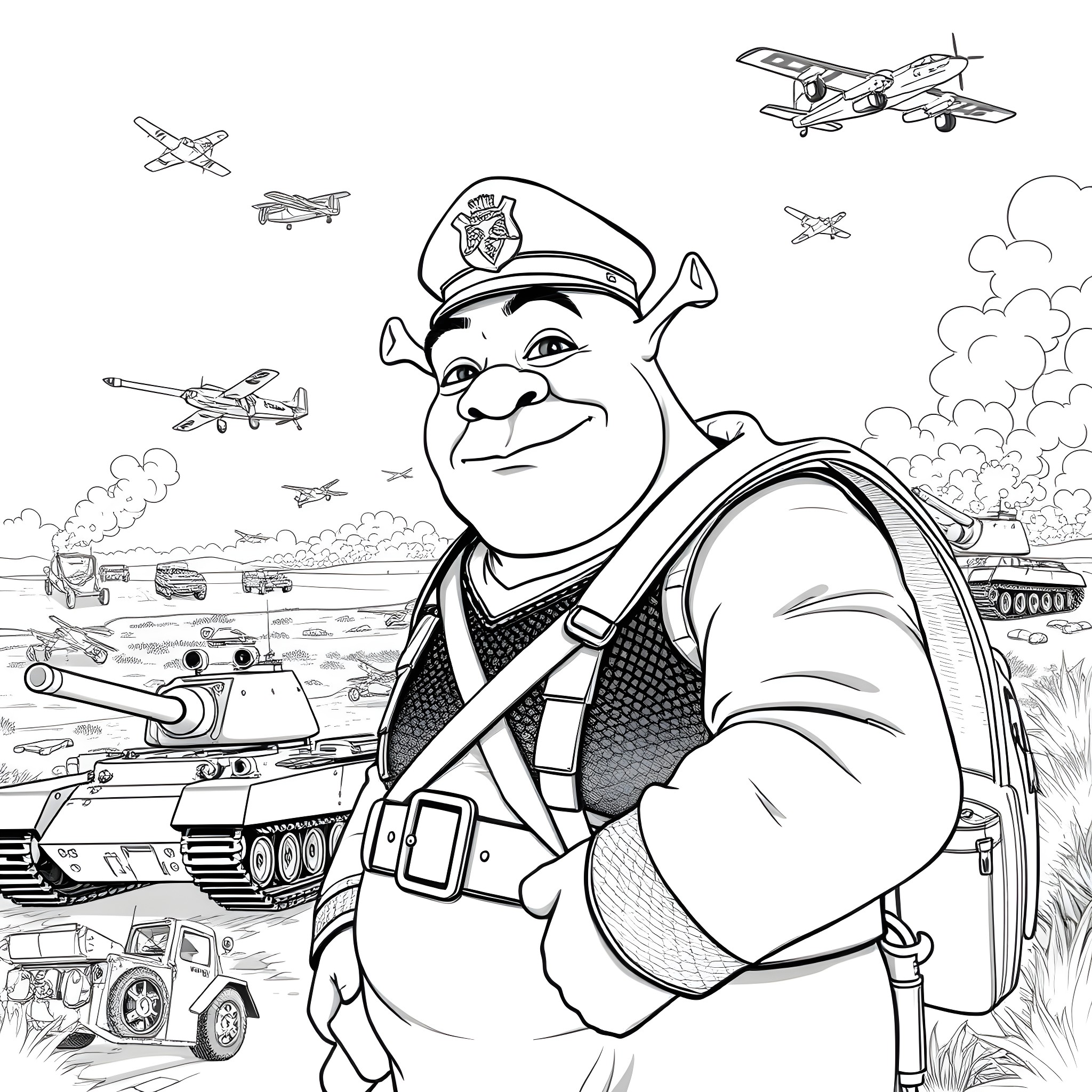 Shrek the Military Officer in an Airborne Operation Coloring Page (free black-and-white line drawing printable PDF for all, from beginners to advanced learners, including children, teens, adults, and seniors)