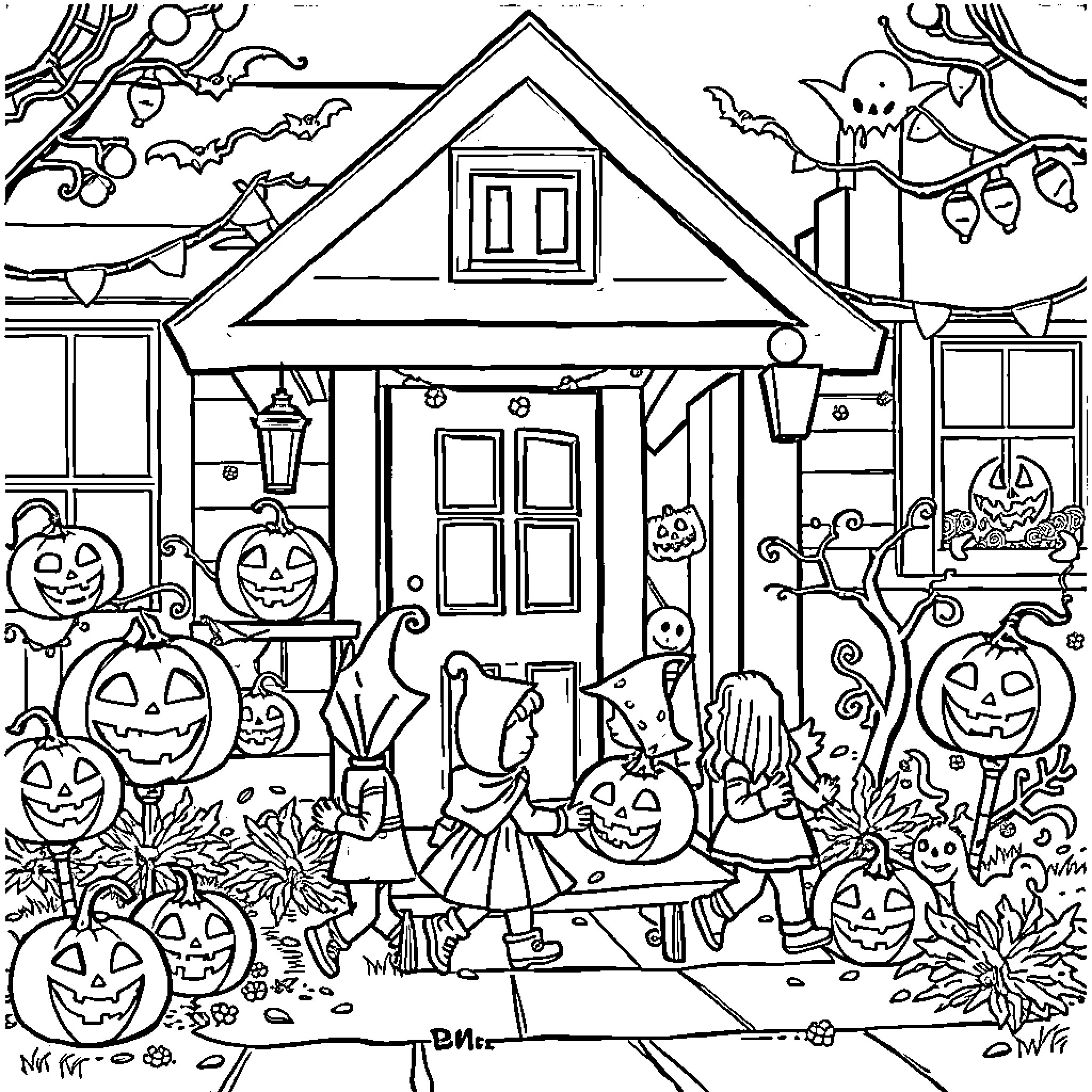 Halloween Festive Neighborhood Celebration Coloring Page (free black-and-white line drawing printable PDF for all, from beginners to advanced learners, including children, teens, adults, and seniors)