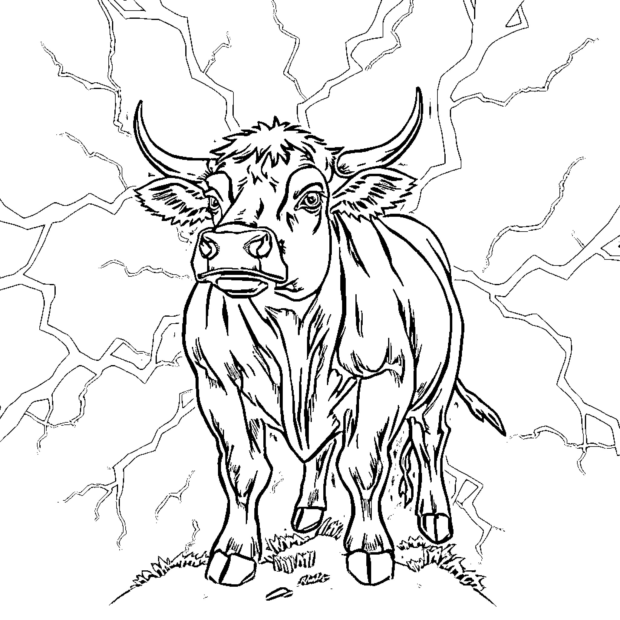 Cow standing amidst lightning strikes Coloring Page (free black-and-white line drawing printable PDF for all, from beginners to advanced learners, including children, teens, adults, and seniors)