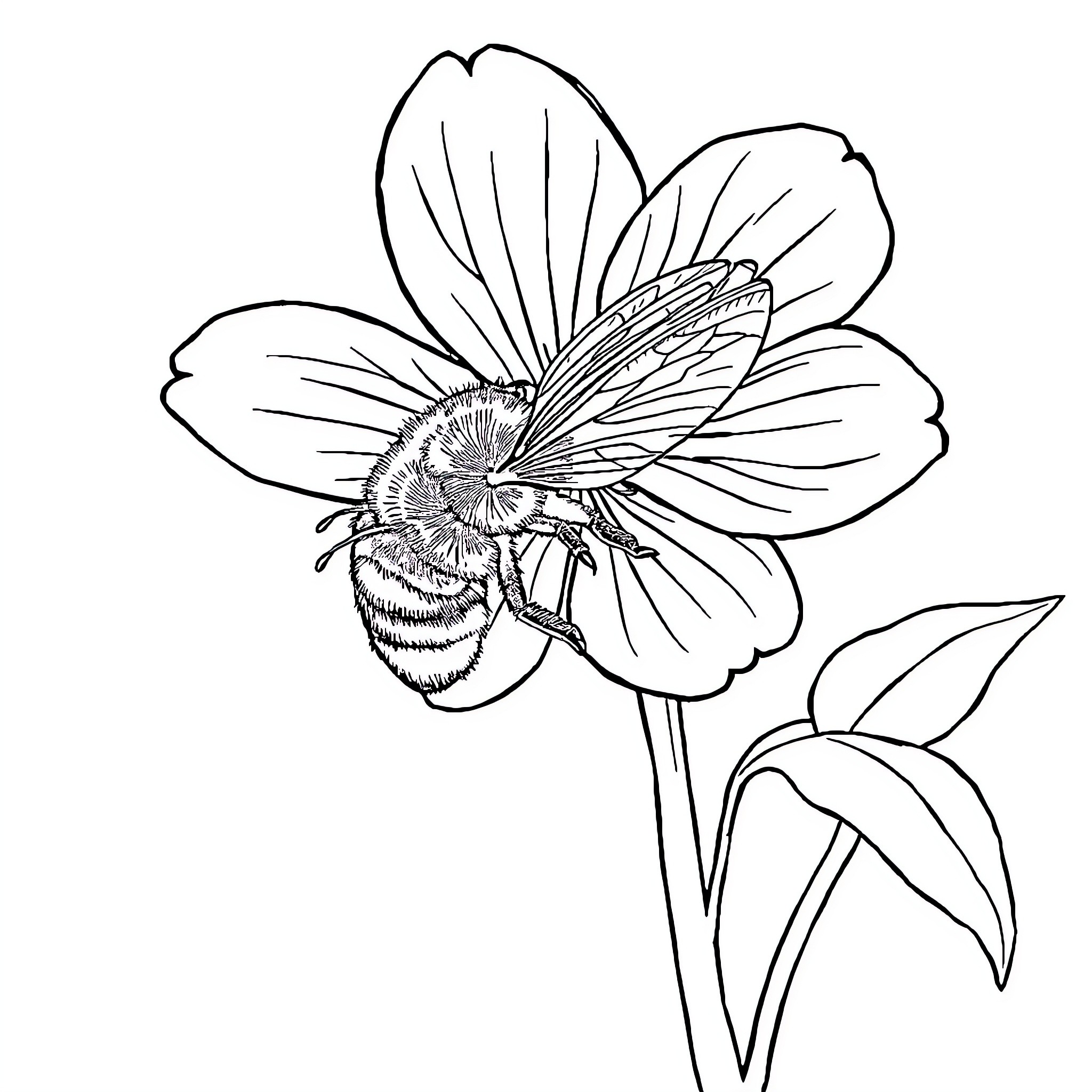 Fleur's lively bee and blooming flower Coloring Page (free black-and-white line drawing printable PDF for all, from beginners to advanced learners, including children, teens, adults, and seniors)