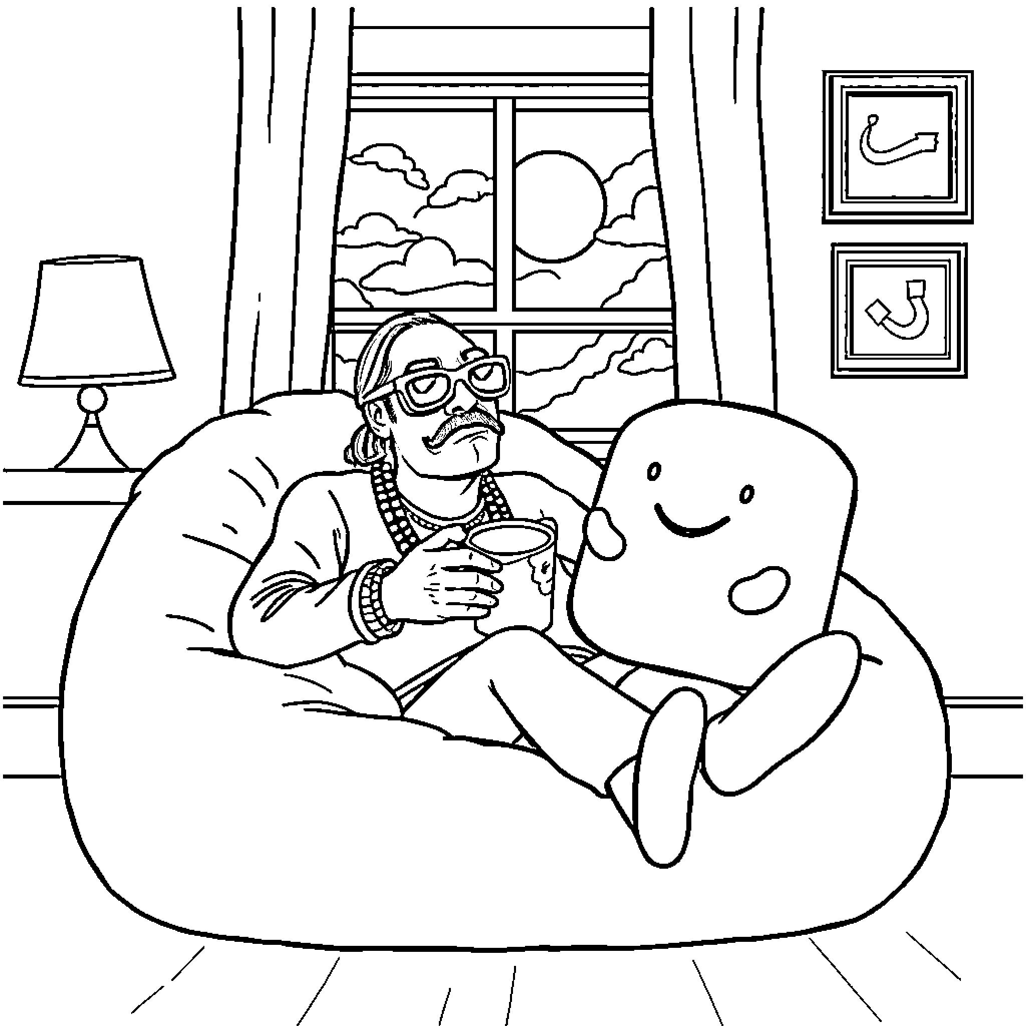 Snoop Dogg relaxing comfortably in plush chair Coloring Page (free black-and-white line drawing printable PDF for all, from beginners to advanced learners, including children, teens, adults, and seniors)
