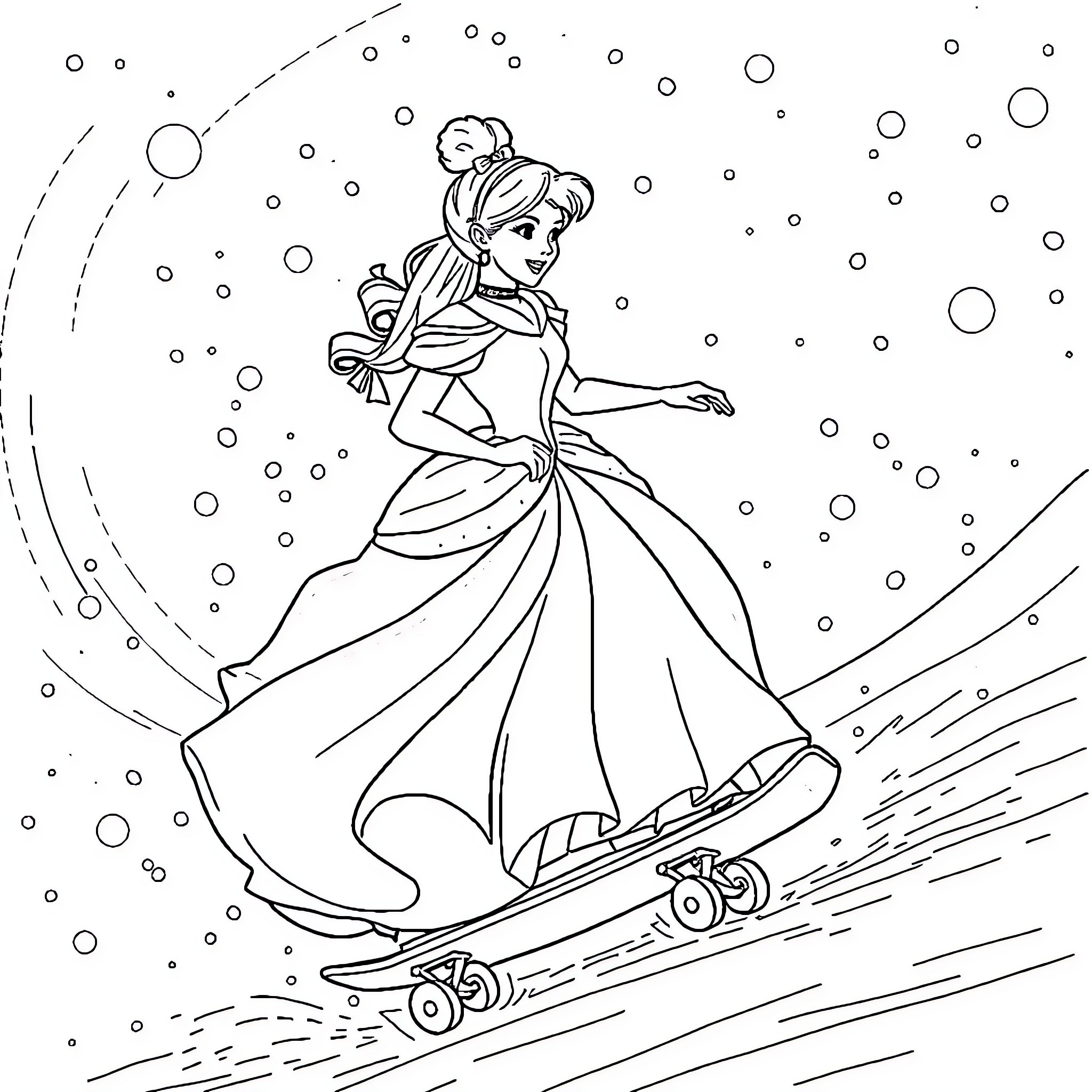 Cinderella's Magical Skating Adventure Coloring Page (free black-and-white line drawing printable PDF for all, from beginners to advanced learners, including children, teens, adults, and seniors)