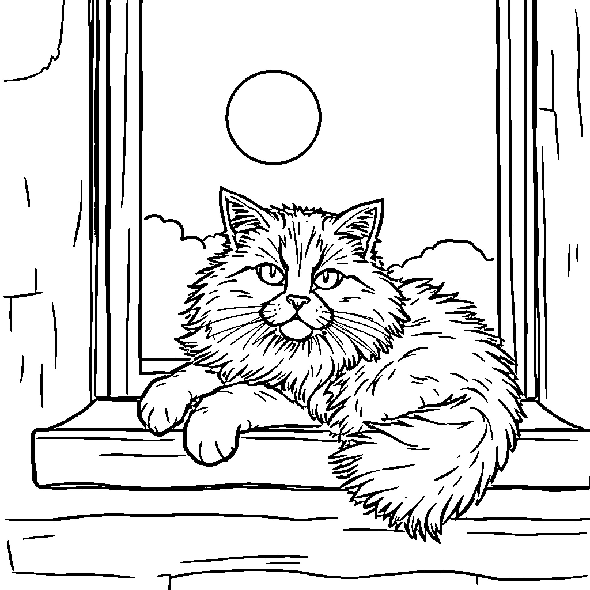 Cat gazing through the window Coloring Page (free black-and-white line drawing printable PDF for all, from beginners to advanced learners, including children, teens, adults, and seniors)