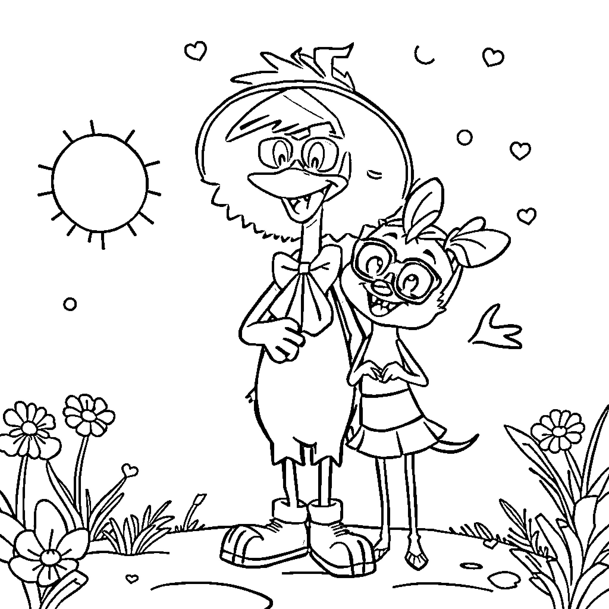 Milo y Chic playing happily in the park Coloring Page (free black-and-white line drawing printable PDF for all, from beginners to advanced learners, including children, teens, adults, and seniors)