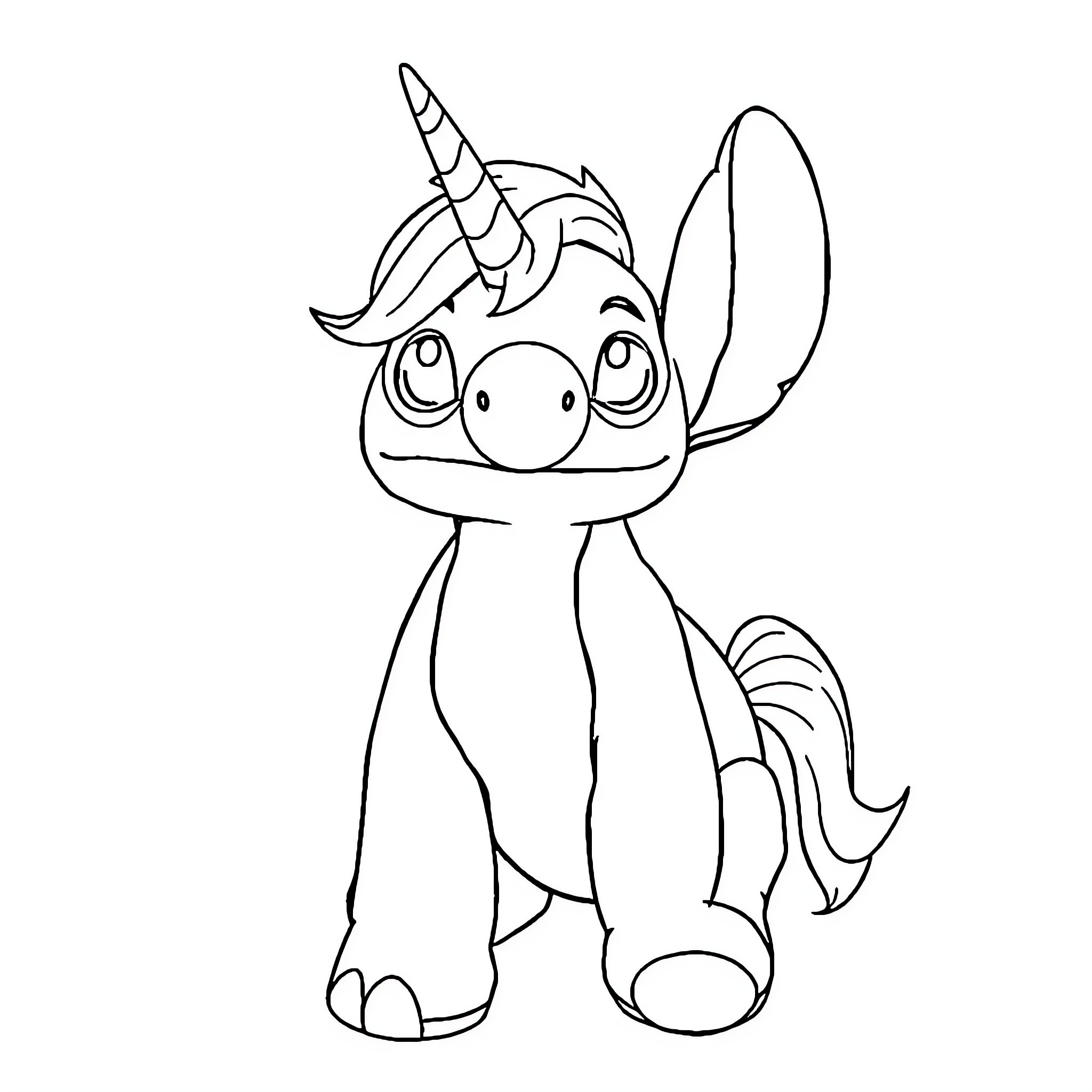 Unicorn creature with large eyes and curious expression Coloring Page (free black-and-white line drawing printable PDF for all, from beginners to advanced learners, including children, teens, adults, and seniors)