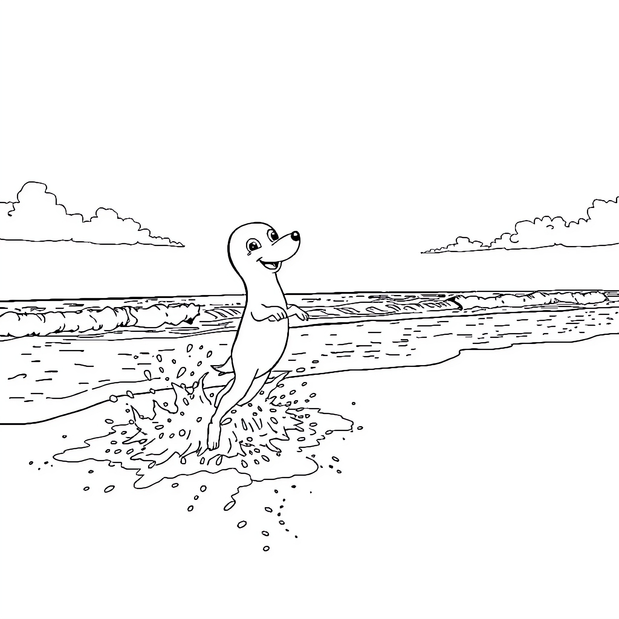 Labubu splashing in the waves at the beach Coloring Page (free black-and-white line drawing printable PDF for all, from beginners to advanced learners, including children, teens, adults, and seniors)