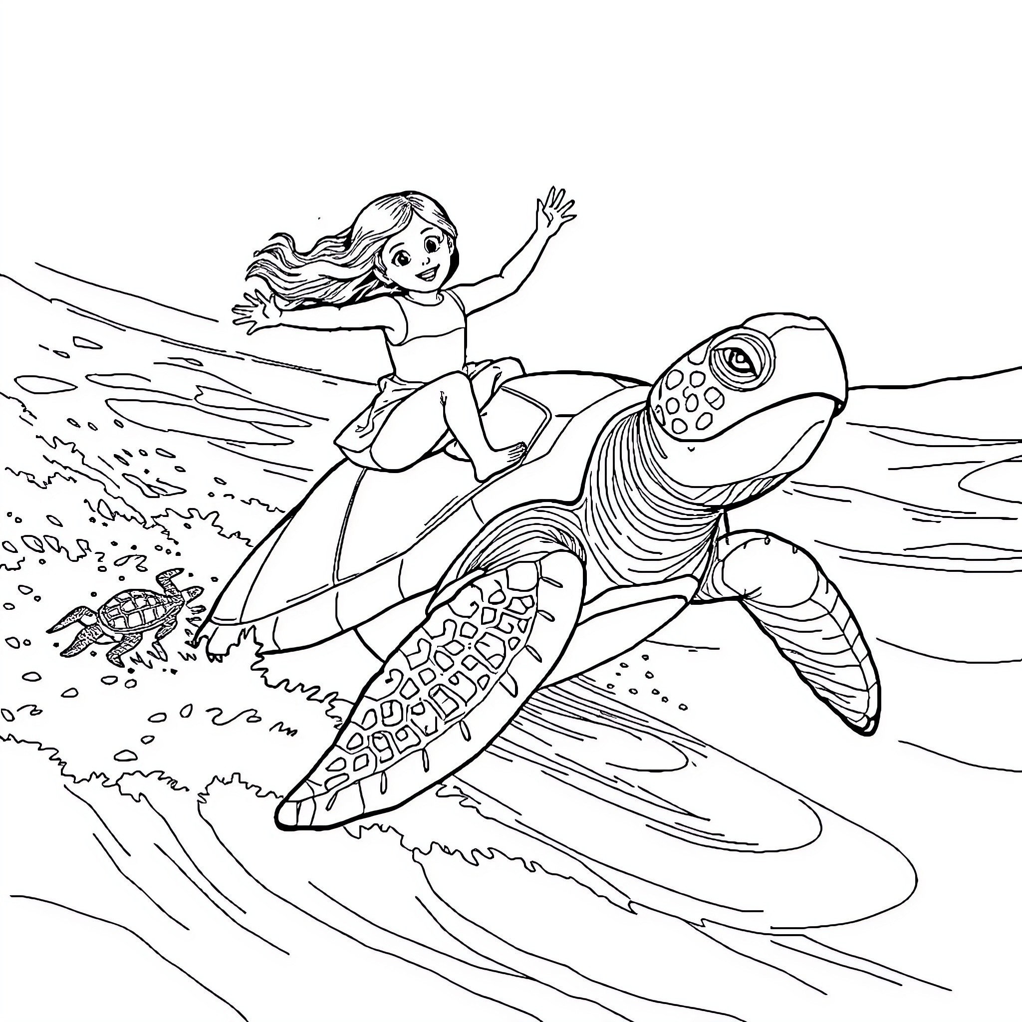 Girl Riding on a Magical Sea Turtle Coloring Page (free black-and-white line drawing printable PDF for all, from beginners to advanced learners, including children, teens, adults, and seniors)