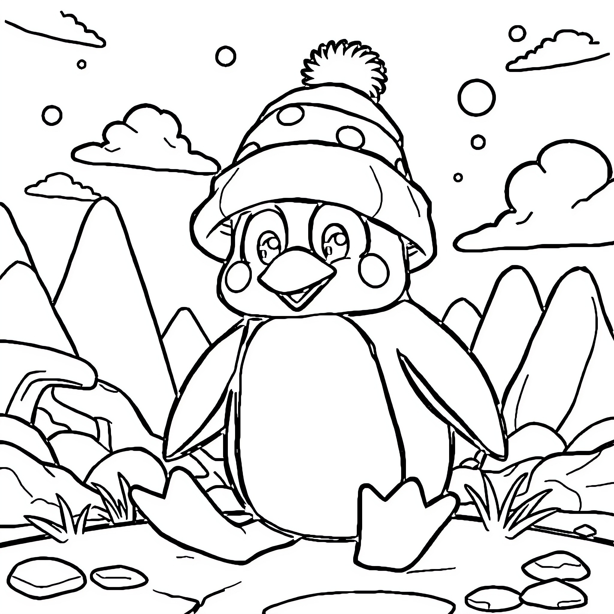 Penguin in winter clothing playing in snowy landscape Coloring Page (free black-and-white line drawing printable PDF for all, from beginners to advanced learners, including children, teens, adults, and seniors)