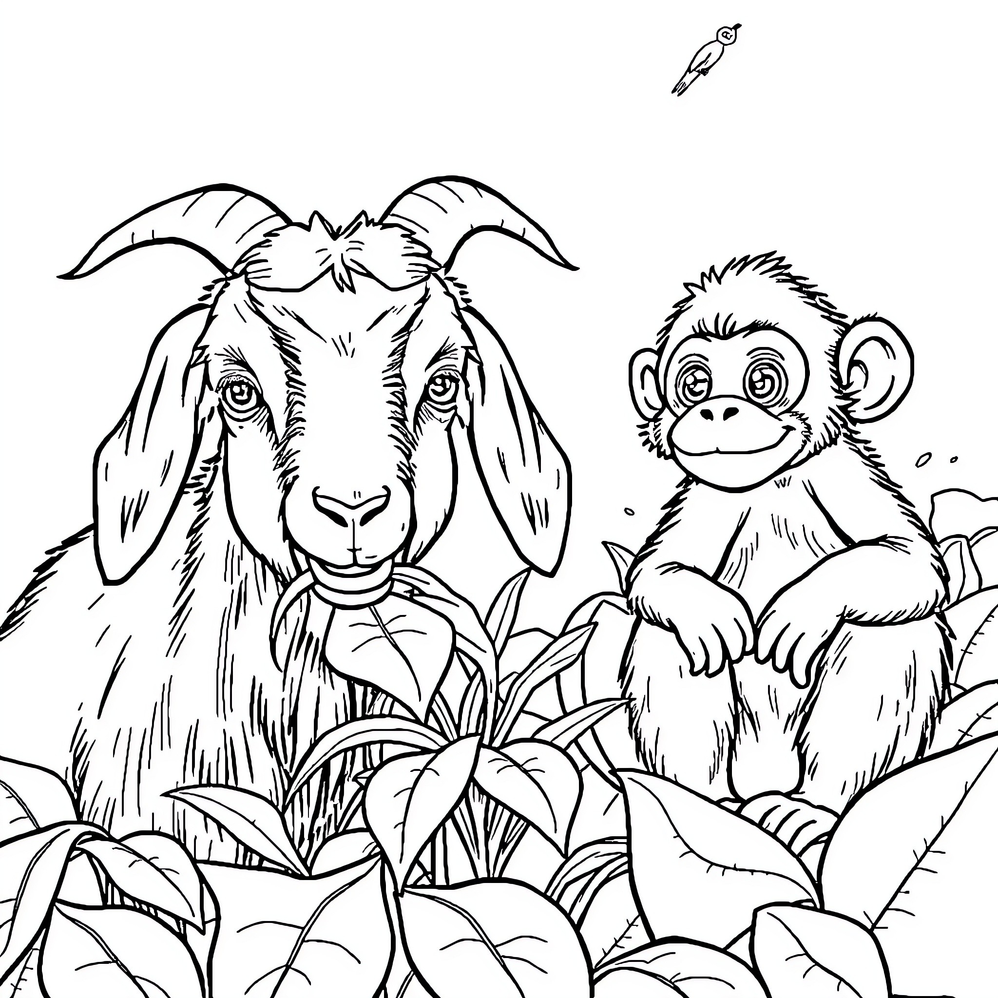 Goat and Monkey in a Lush Jungle Setting Coloring Page (free black-and-white line drawing printable PDF for all, from beginners to advanced learners, including children, teens, adults, and seniors)