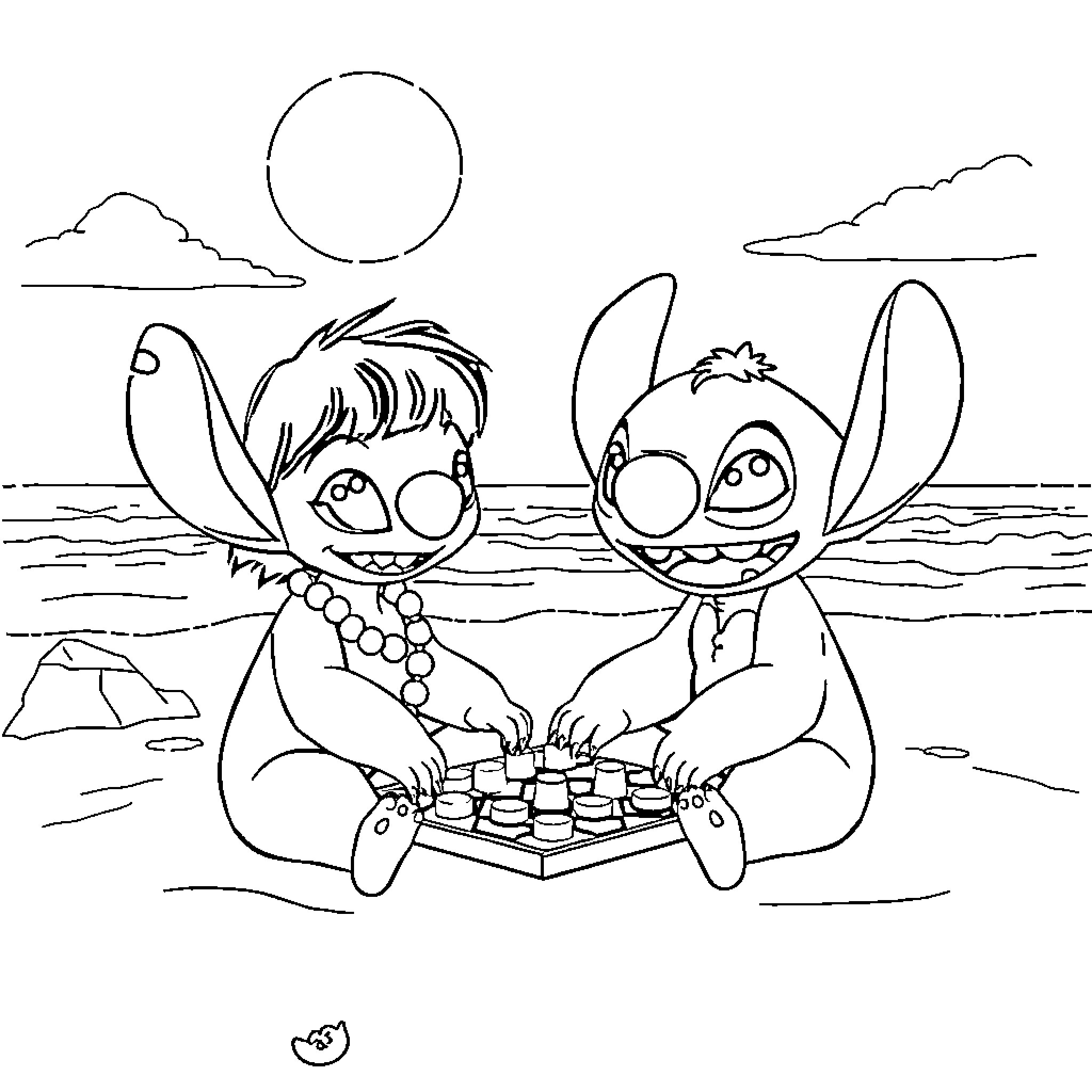 Lilo And Stitch Playing a Board Game on the Beach Coloring Page (free black-and-white line drawing printable PDF for all, from beginners to advanced learners, including children, teens, adults, and seniors)