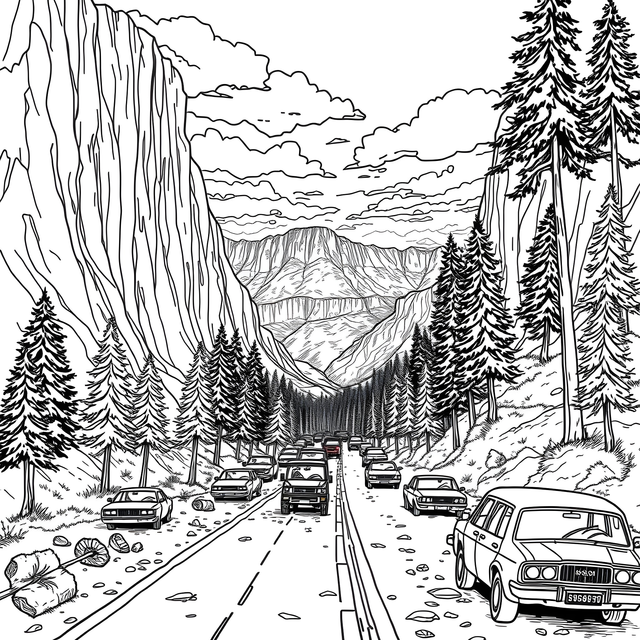 Tree-lined road winding through mountain landscape Coloring Page (free black-and-white line drawing printable PDF for all, from beginners to advanced learners, including children, teens, adults, and seniors)