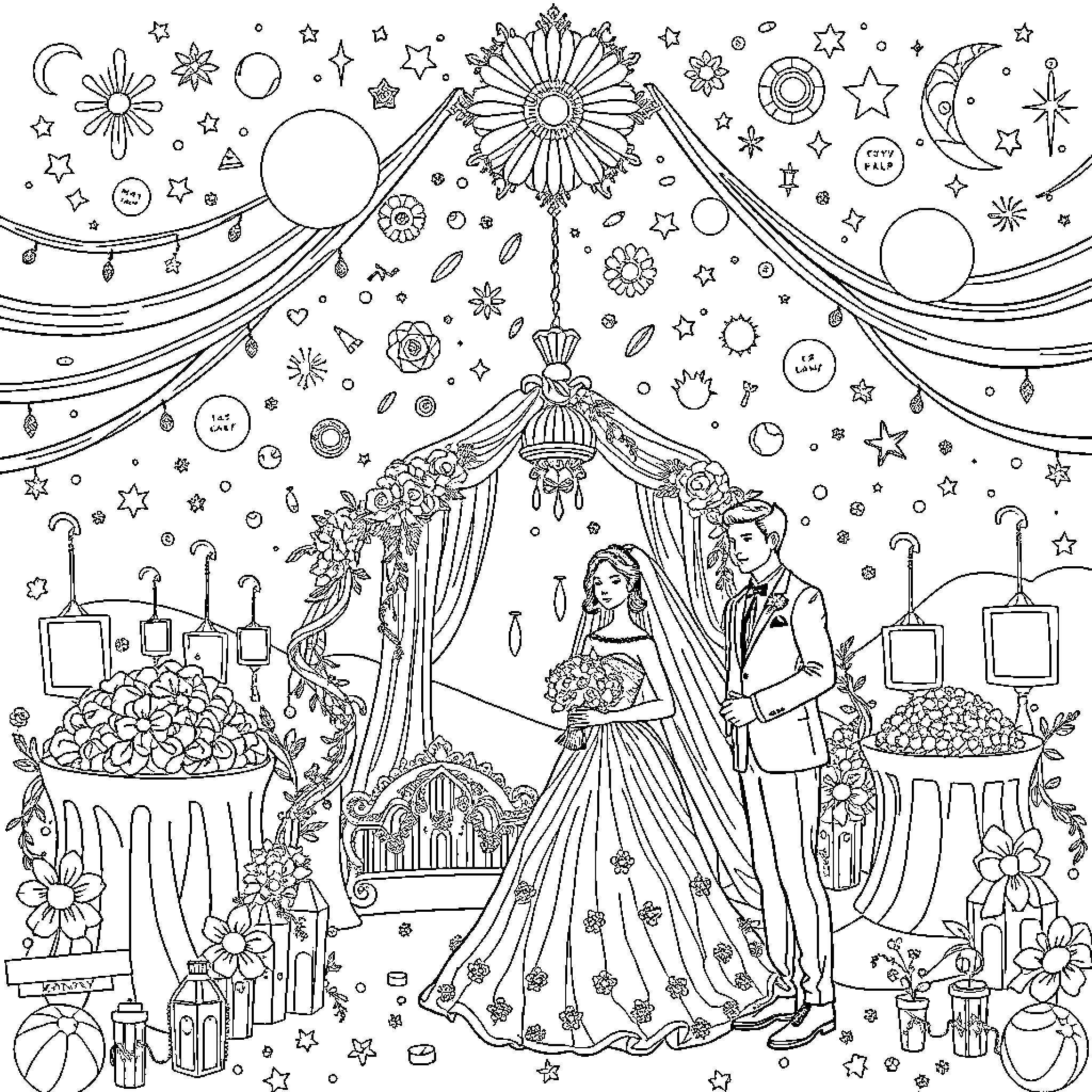Wedding Ceremony in a Magical Starry Night Coloring Page (free black-and-white line drawing printable PDF for all, from beginners to advanced learners, including children, teens, adults, and seniors)