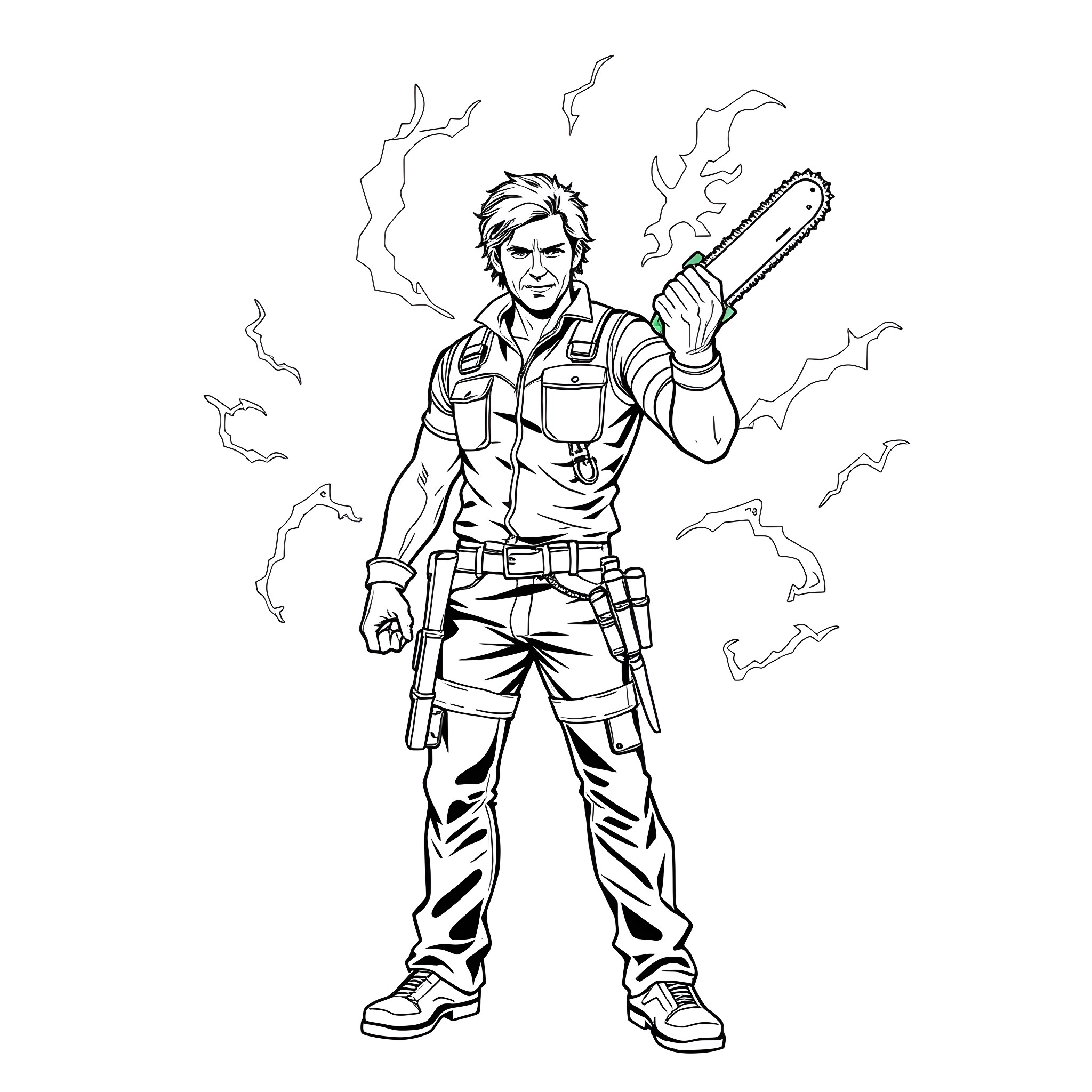 Ash Williams holding a chainsaw in action Coloring Page (free black-and-white line drawing printable PDF for all, from beginners to advanced learners, including children, teens, adults, and seniors)