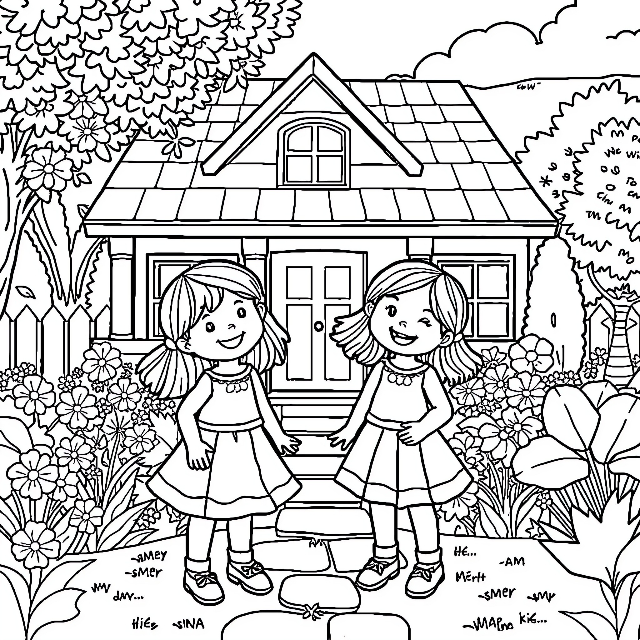 Girls playing happily in a flower-filled garden Coloring Page (free black-and-white line drawing printable PDF for all, from beginners to advanced learners, including children, teens, adults, and seniors)