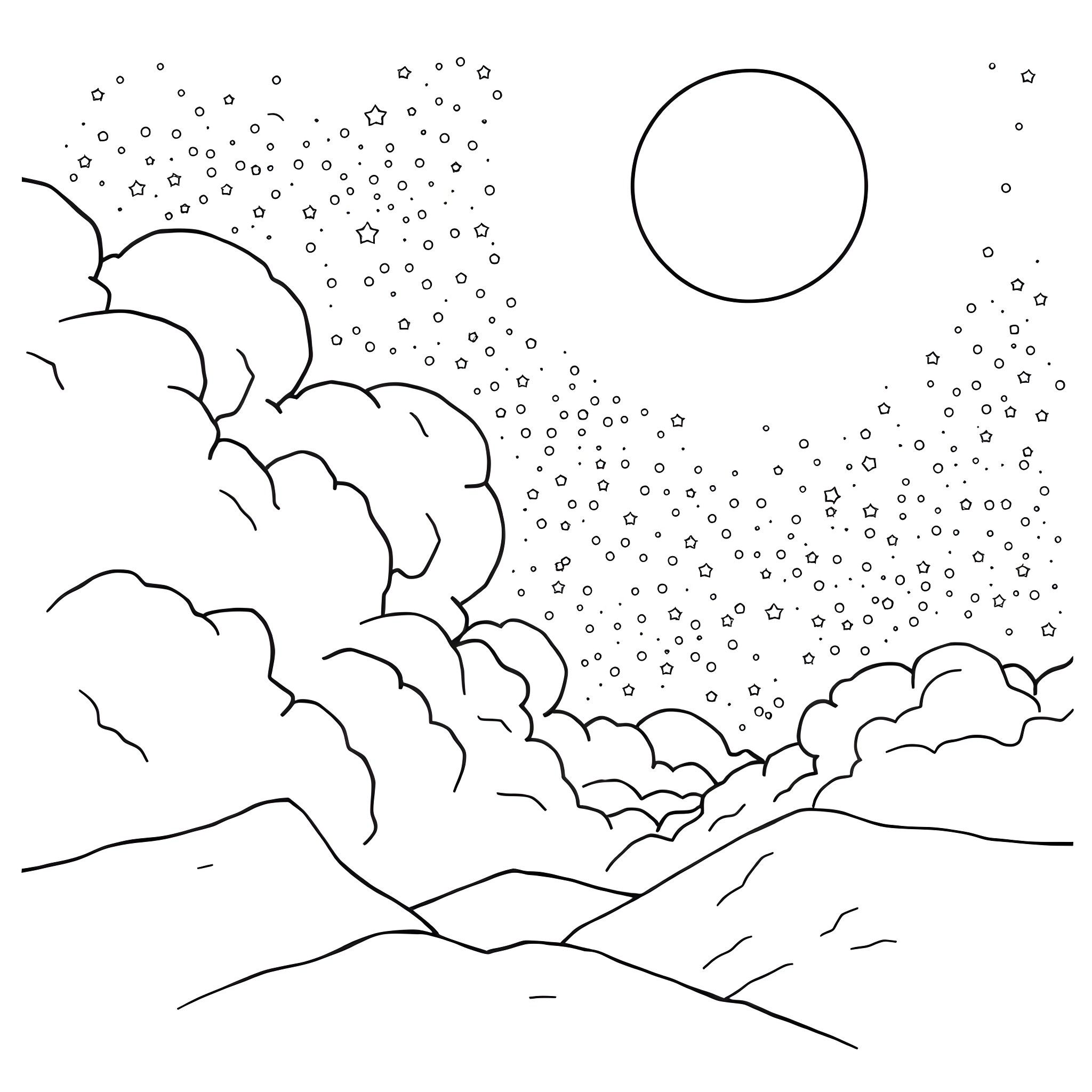 Sun Moon Star Landscape with Clouds and Starry Sky Coloring Page (free black-and-white line drawing printable PDF for all, from beginners to advanced learners, including children, teens, adults, and seniors)