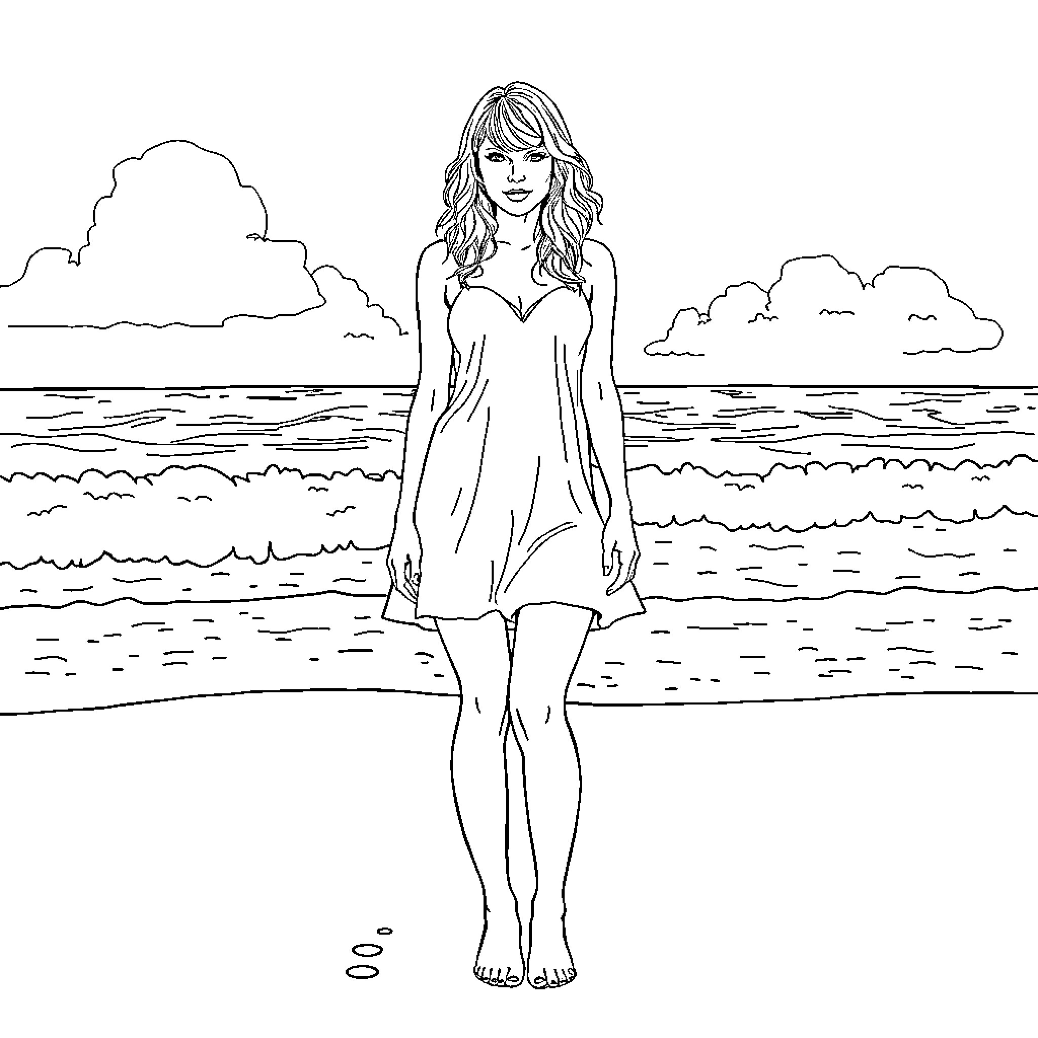Taylor Swift posing on the beach in a dress Coloring Page (free black-and-white line drawing printable PDF for all, from beginners to advanced learners, including children, teens, adults, and seniors)