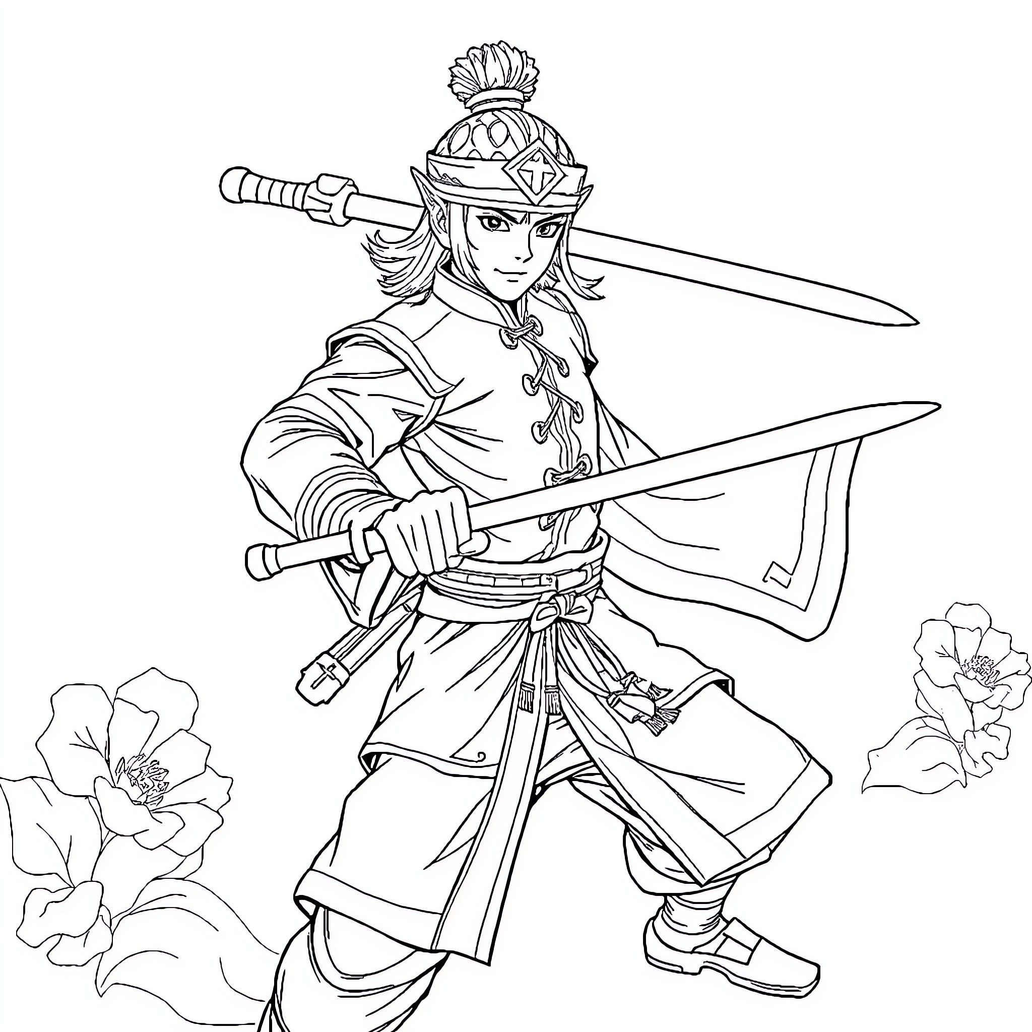 Warrior Princess Wielding Dual Swords in Flowery Scene Coloring Page (free black-and-white line drawing printable PDF for all, from beginners to advanced learners, including children, teens, adults, and seniors)