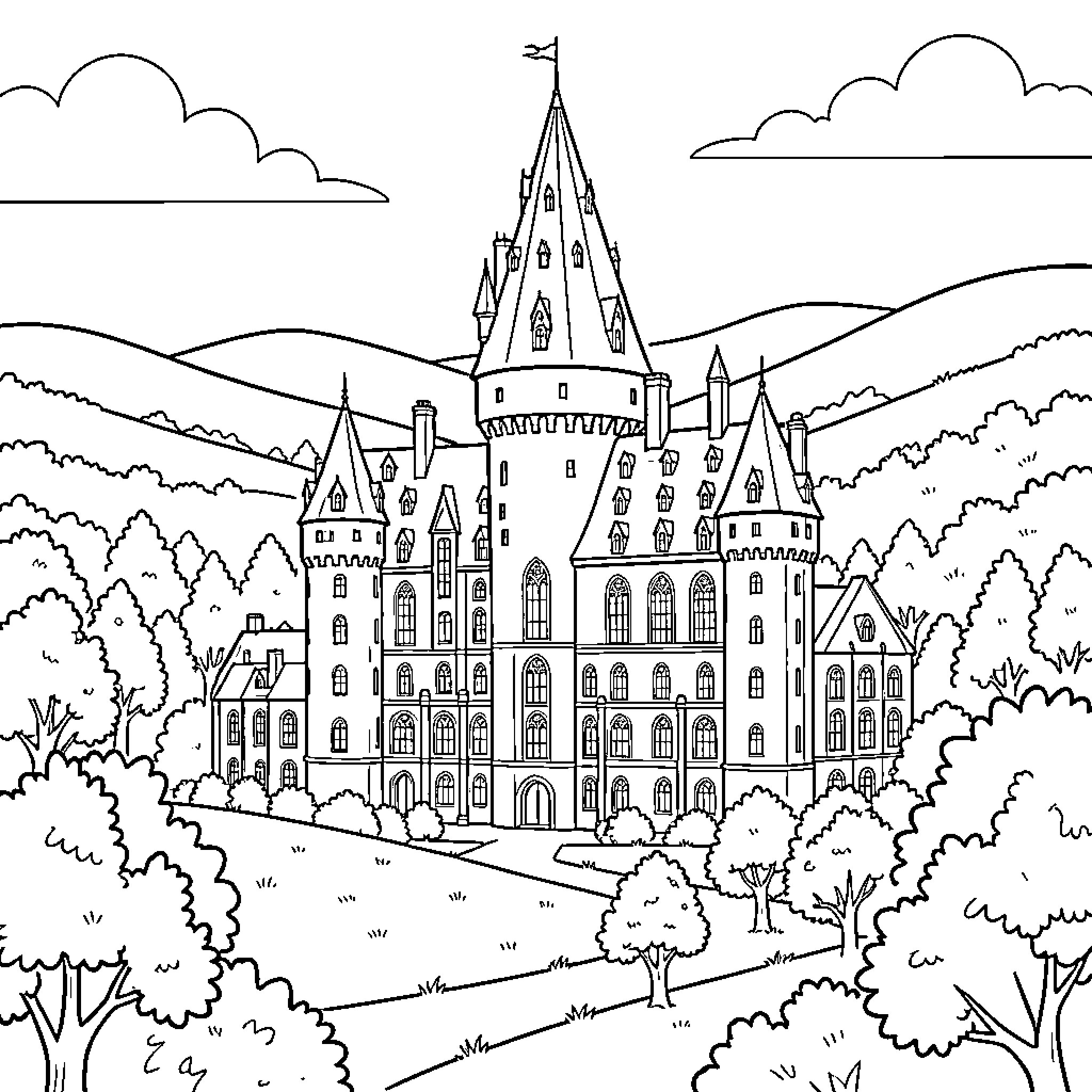 Hogwarts castle standing tall amidst rolling hills and trees Coloring Page (free black-and-white line drawing printable PDF for all, from beginners to advanced learners, including children, teens, adults, and seniors)