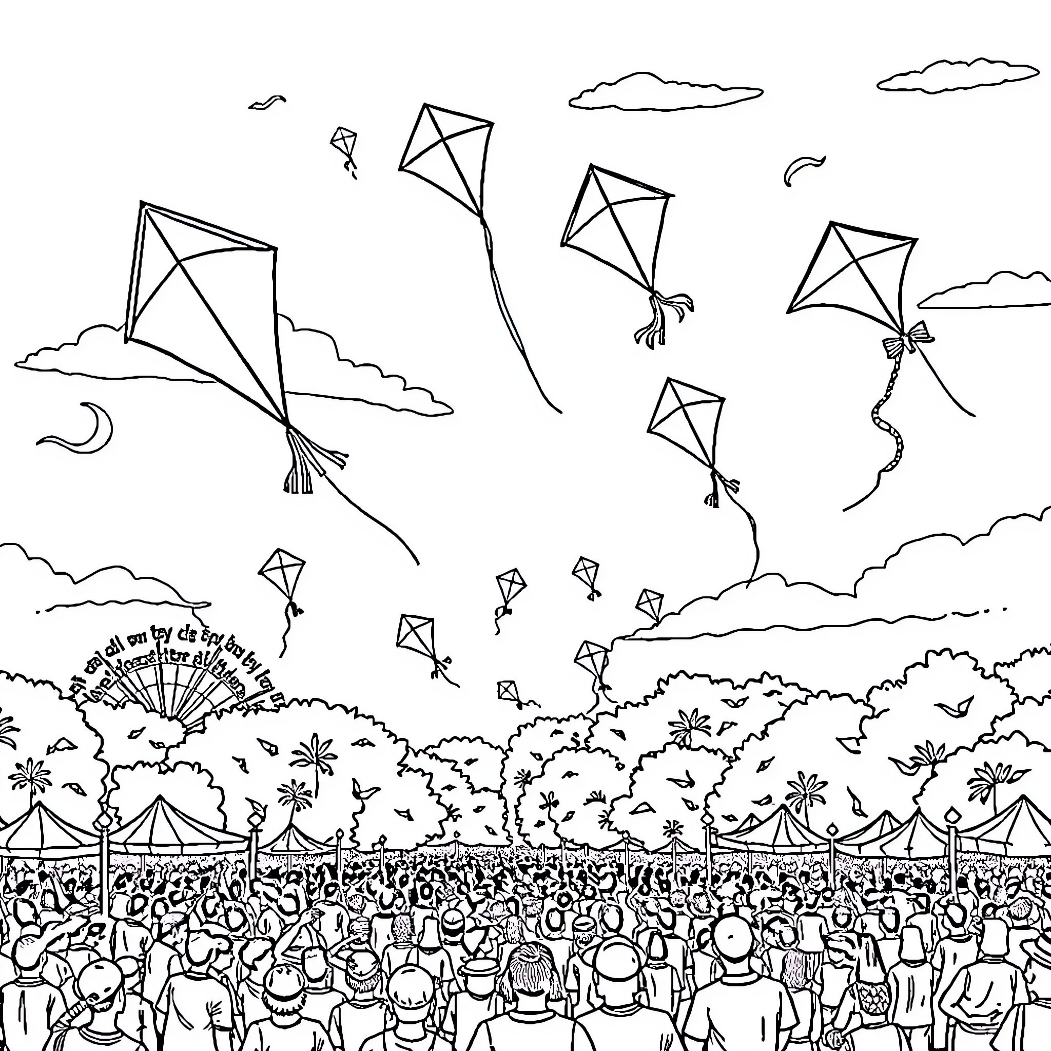 Kites soaring in the sky above a bustling festival Coloring Page (free black-and-white line drawing printable PDF for all, from beginners to advanced learners, including children, teens, adults, and seniors)