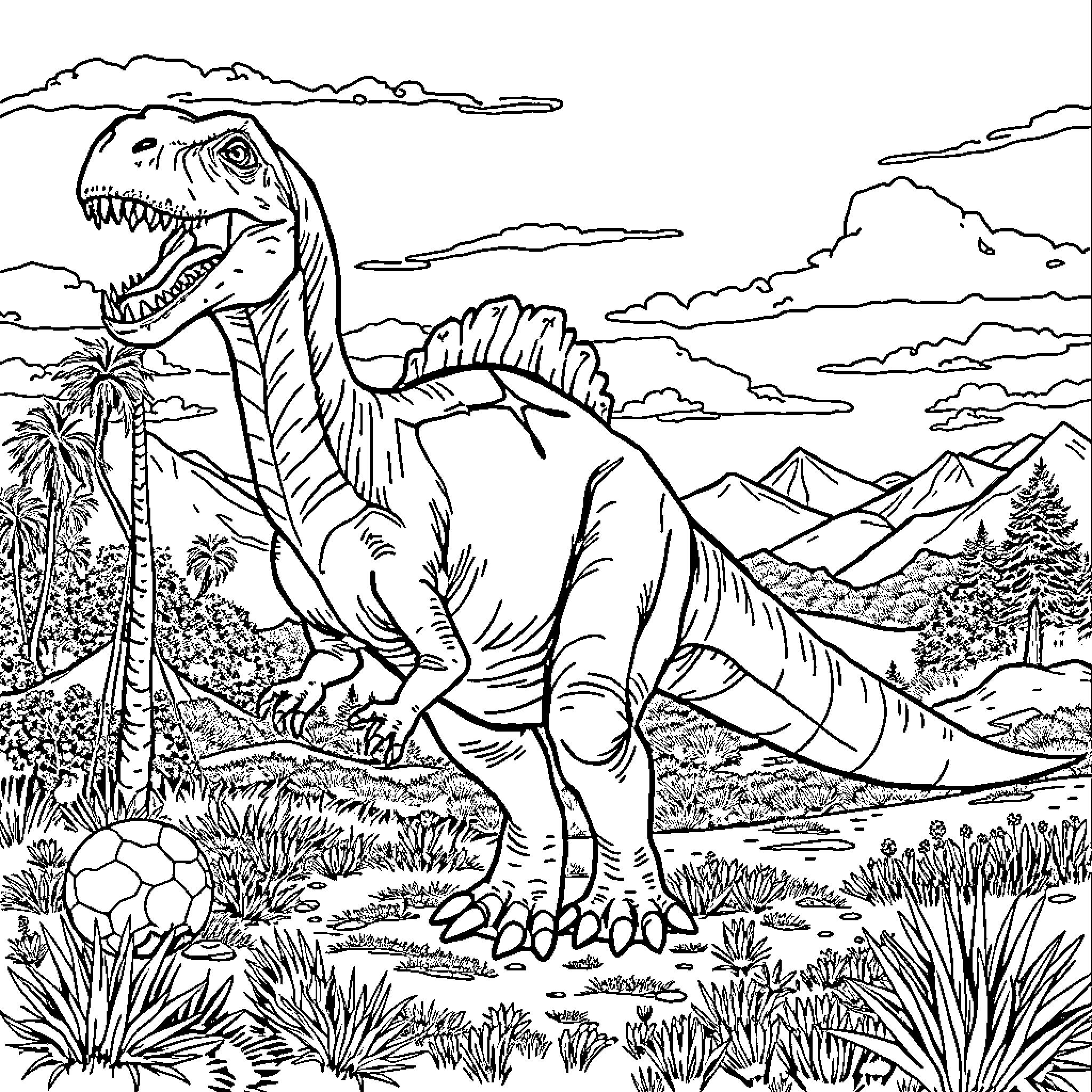 Dinosaur roaming in prehistoric landscape Coloring Page (free black-and-white line drawing printable PDF for all, from beginners to advanced learners, including children, teens, adults, and seniors)