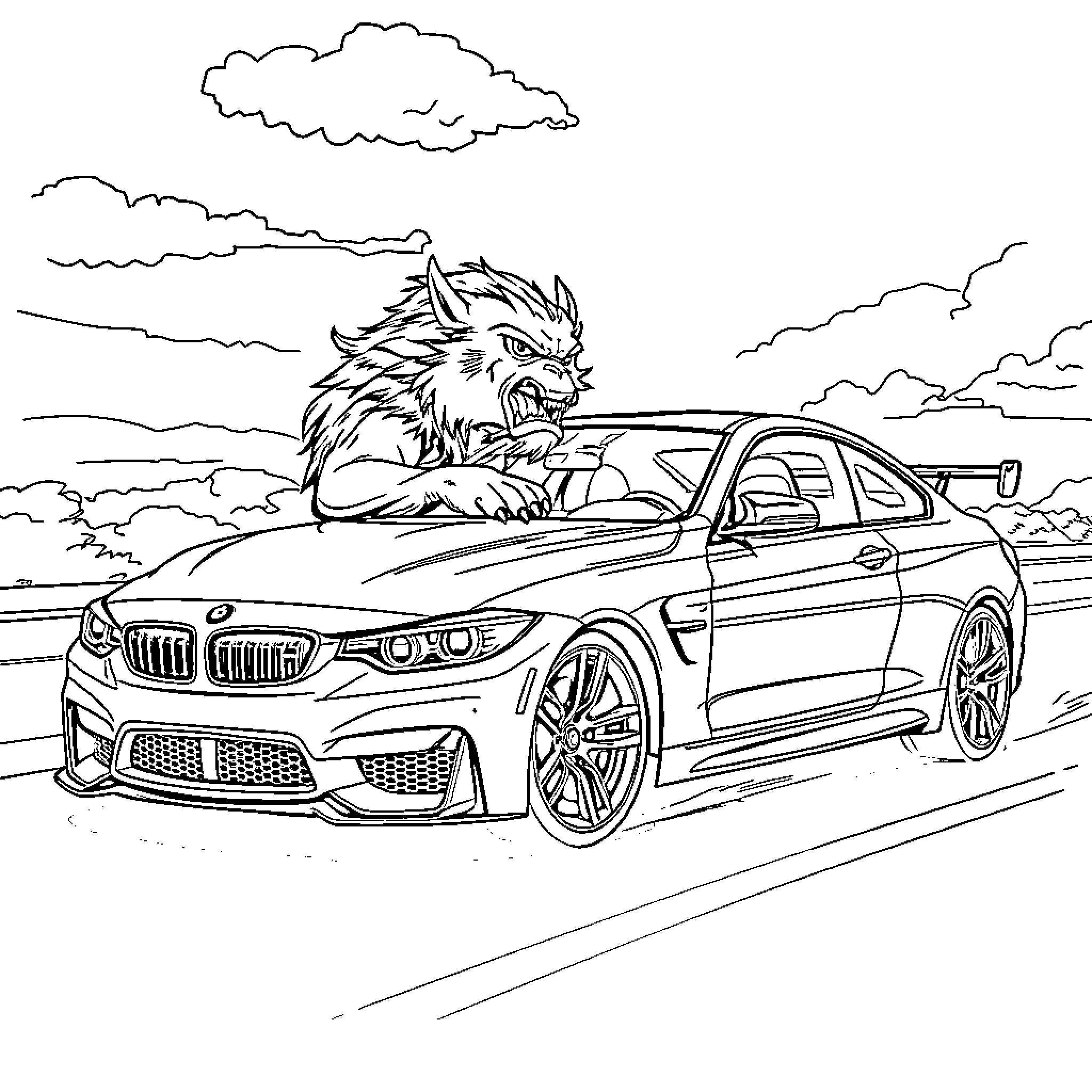 BMW M4 on the open road with a fierce wolf Coloring Page (free black-and-white line drawing printable PDF for all, from beginners to advanced learners, including children, teens, adults, and seniors)