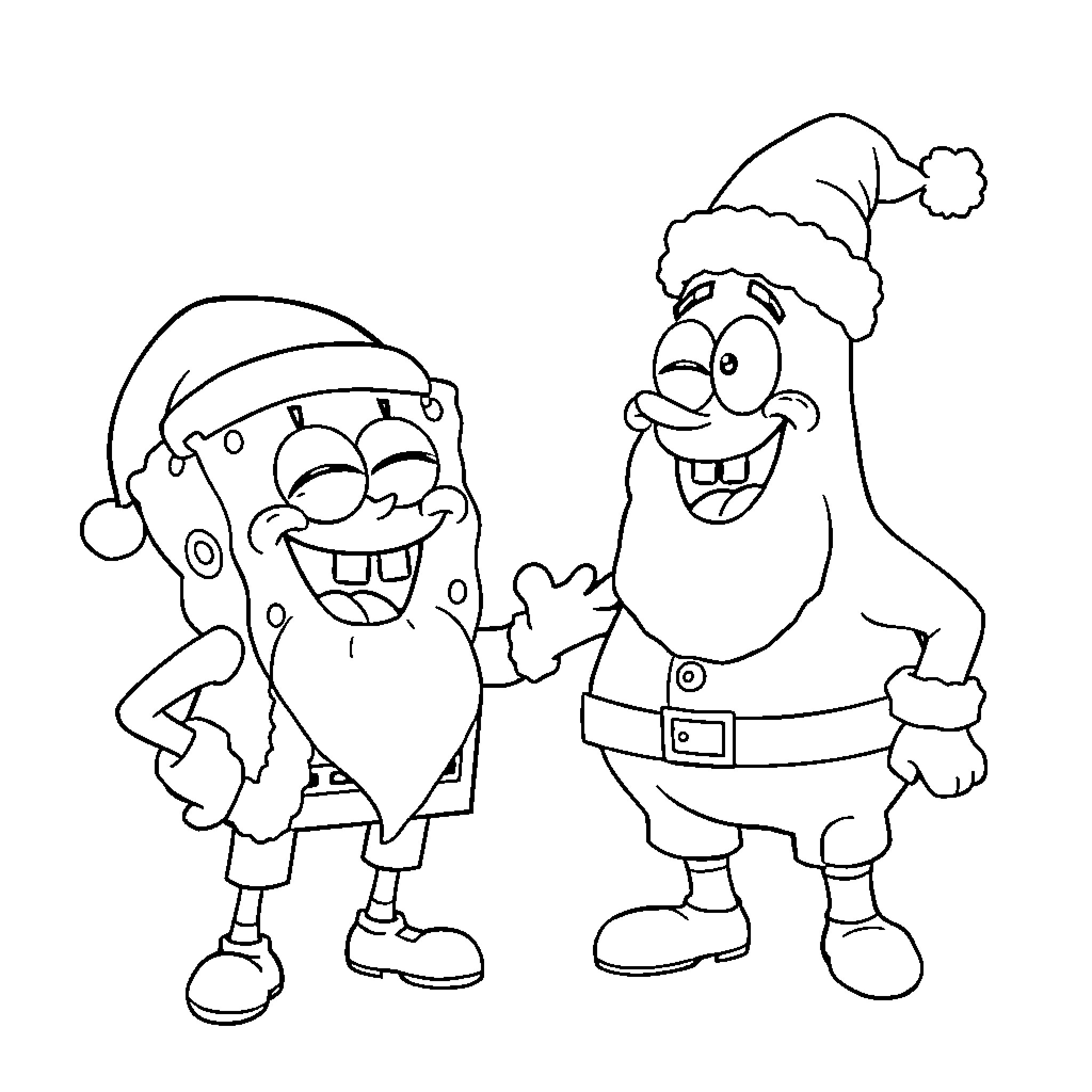 Spongebob and Patrick in festive outfits Coloring Page (free black-and-white line drawing printable PDF for all, from beginners to advanced learners, including children, teens, adults, and seniors)