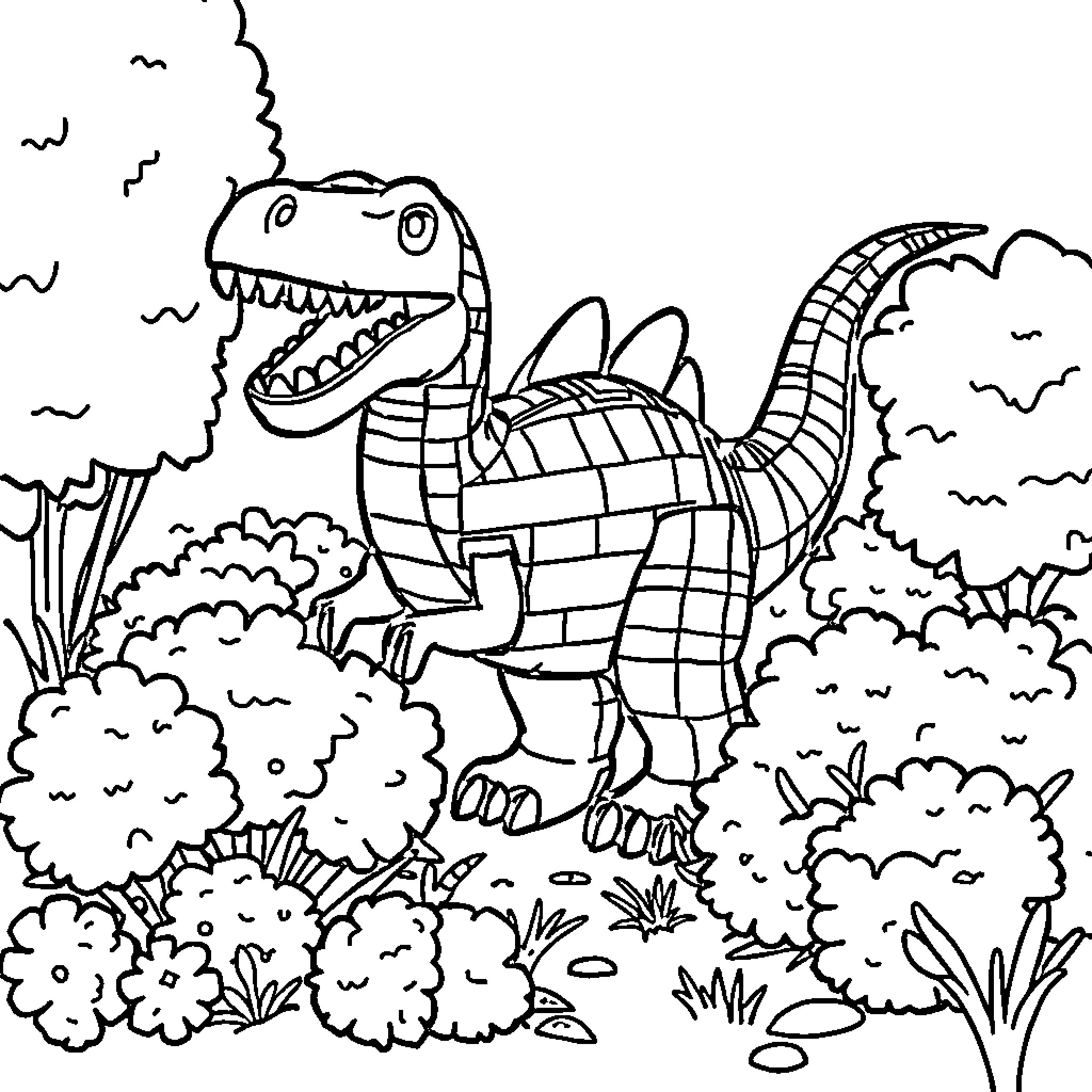 Dinosaur roaming through lush foliage in the wilderness Coloring Page (free black-and-white line drawing printable PDF for all, from beginners to advanced learners, including children, teens, adults, and seniors)