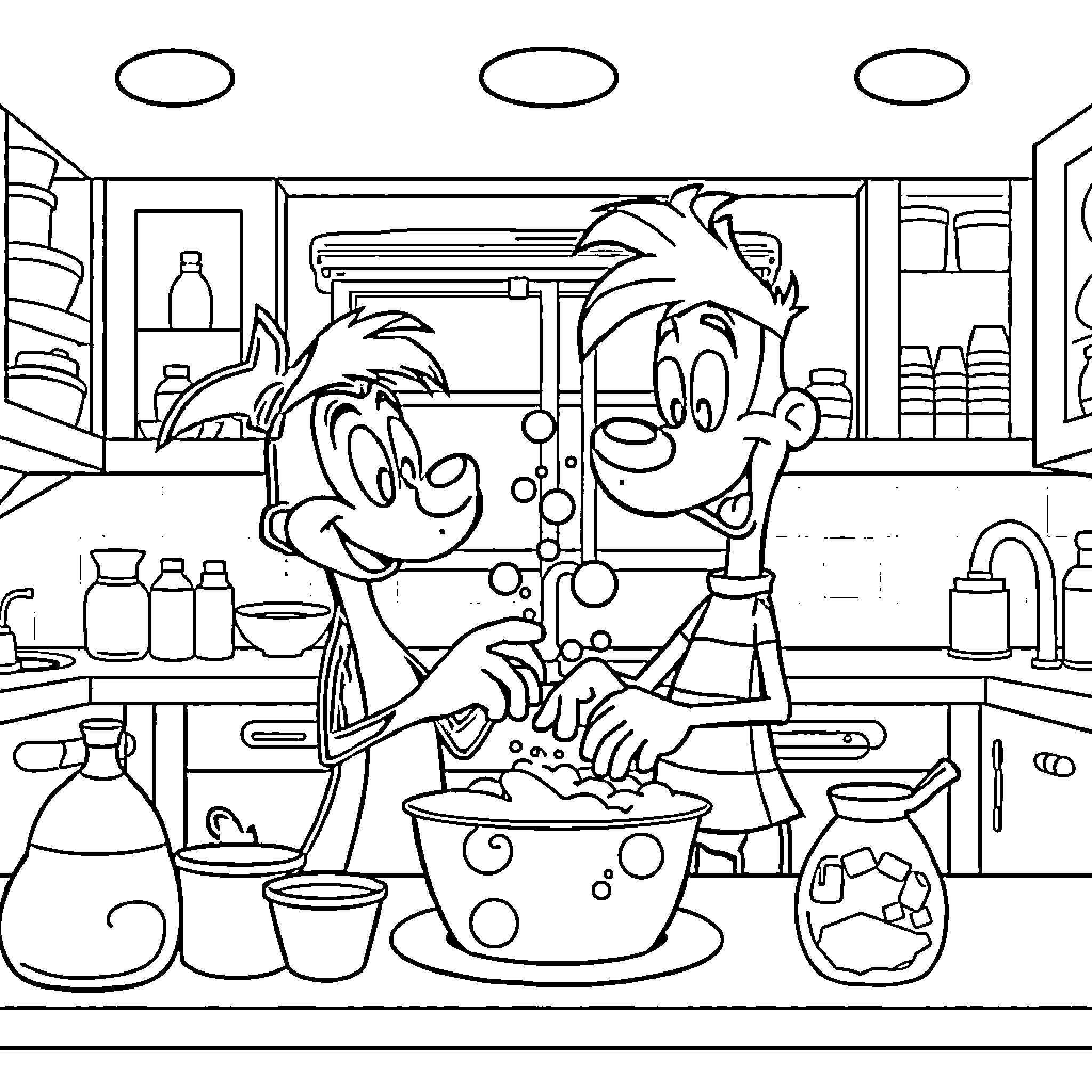 Huey Helping with Household Chores in the Kitchen Coloring Page (free black-and-white line drawing printable PDF for all, from beginners to advanced learners, including children, teens, adults, and seniors)